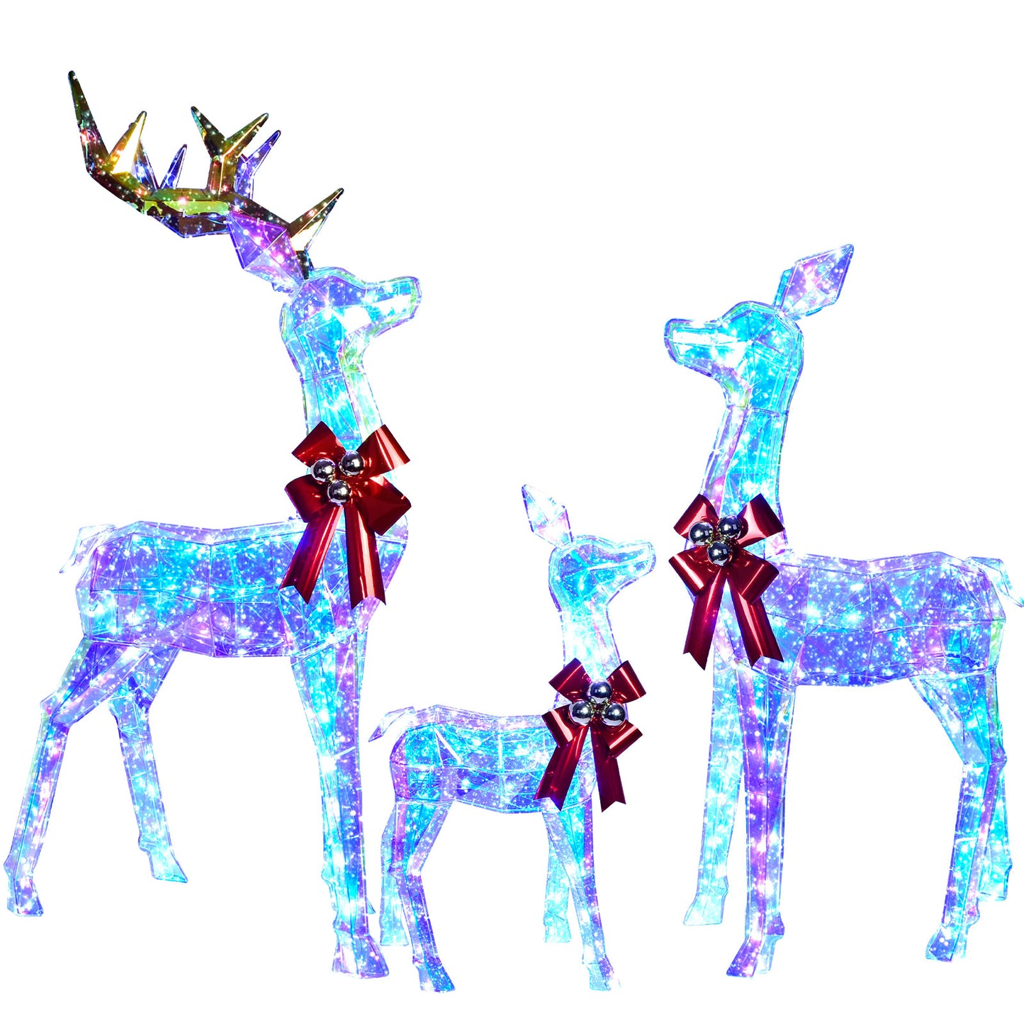 Outdoor Christmas Decorations Deer Family - HOYECHI 3-Piece Lighted Prismatic Reindeer with 465 LED Lights - Outside Yard Decor Kit, Stakes, Zip Ties - Iridescent