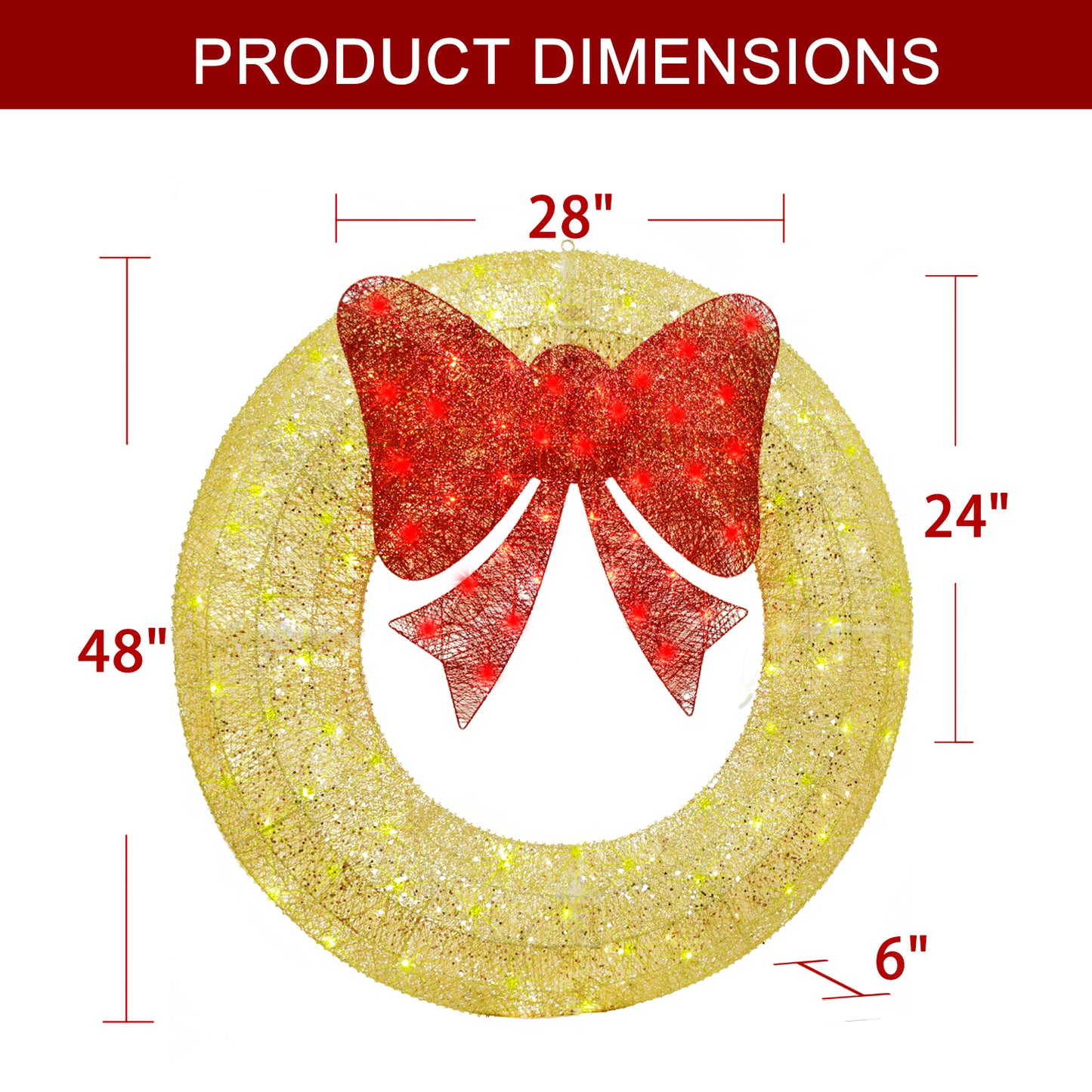 48Inch 4FT Large Christmas Wreath - Outdoor Christmas Wreaths with LED Lights,Extension Cable, Xmas Decorations for Door Outdoor Indoor Wall Home - Gold