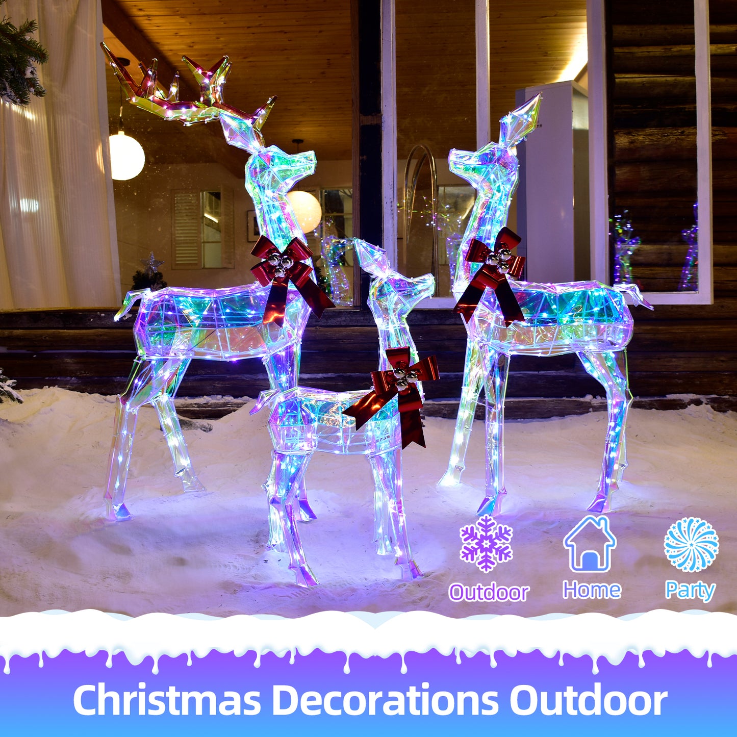 Outdoor Christmas Decorations Deer Family - HOYECHI 3-Piece Lighted Prismatic Reindeer with 465 LED Lights - Outside Yard Decor Kit, Stakes, Zip Ties - Iridescent