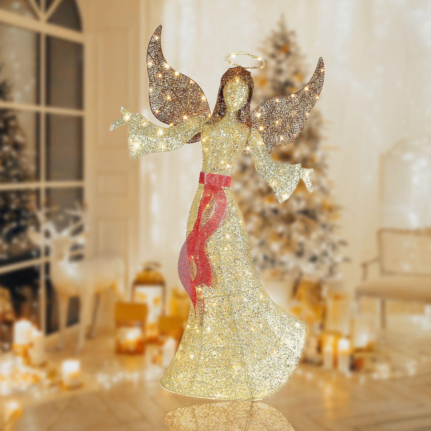 5FT Outdoor Angel Christmas Decoration - Light Up Outdoor Christmas Decorations Angels with 120 LED Lights - Elegant Winged Holiday Figure for Lawn with Bow, Halo, Extension Cord and Ground Stakes