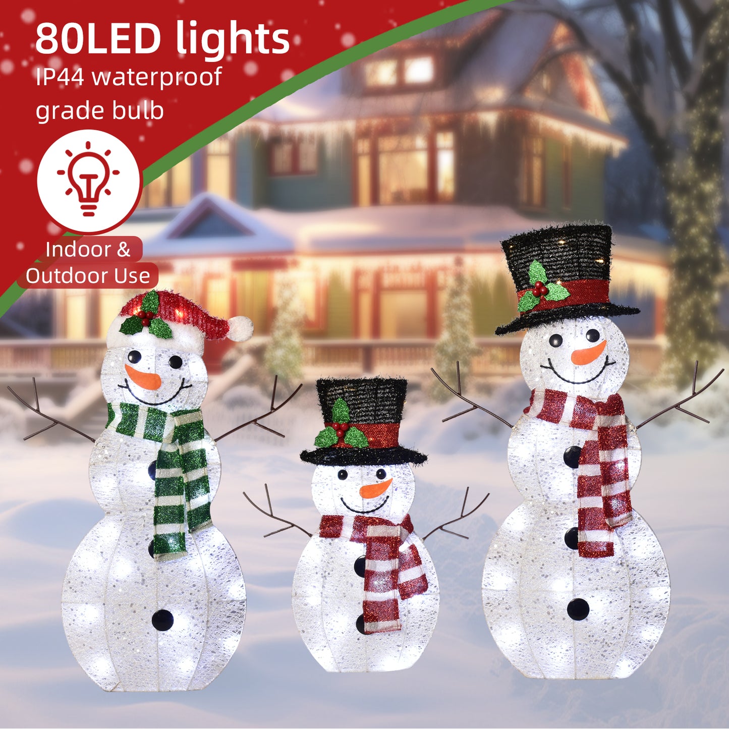 3-Piece 2D Lighted Christmas Snowman Family Set - HOYECHI Outdoor Yard Light Up Snowman Holiday Decoration with 80 LED Lights, Stakes, Zip Ties - White