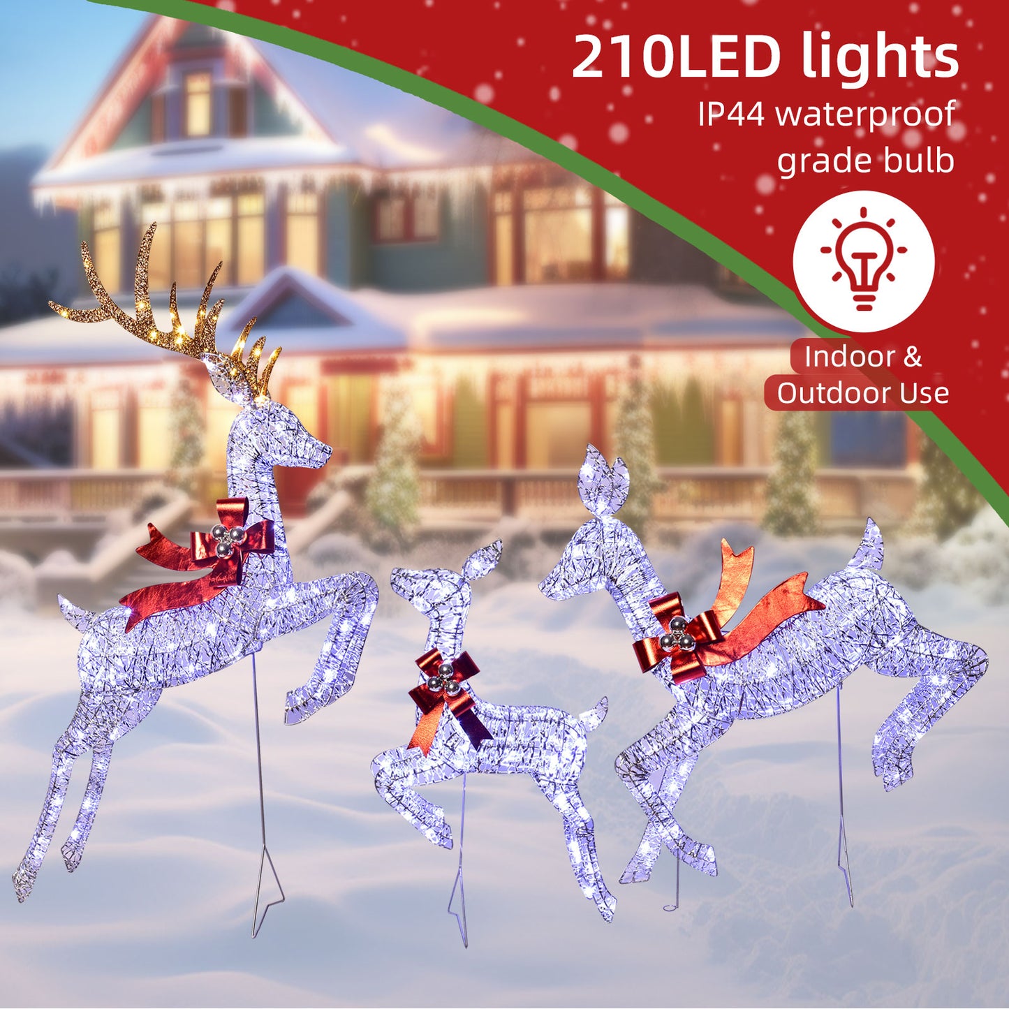 Outdoor Christmas Decorations Reindeer Family - HOYECHI Light Up Deer 3 Set with 210 LED Lights - Outside Yard Decor Kit Including Lighted 3-Piece Deer, Plug, Stakes - Sliver