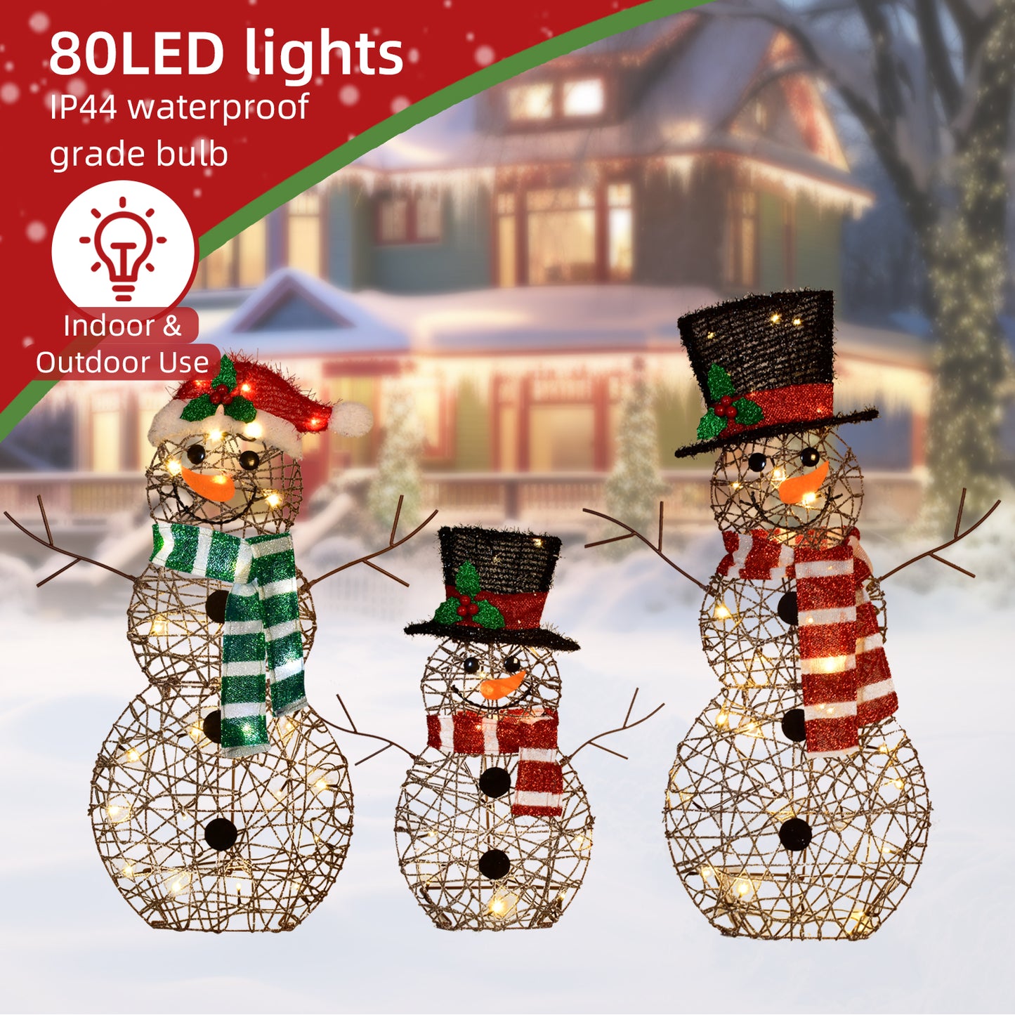 3-Piece 2D Lighted Christmas Rattan Snowman Family Set - HOYECHI Outdoor Yard Light Up Snowman Holiday Decoration with 80 LED Lights, Stakes, Zip Ties - Brown