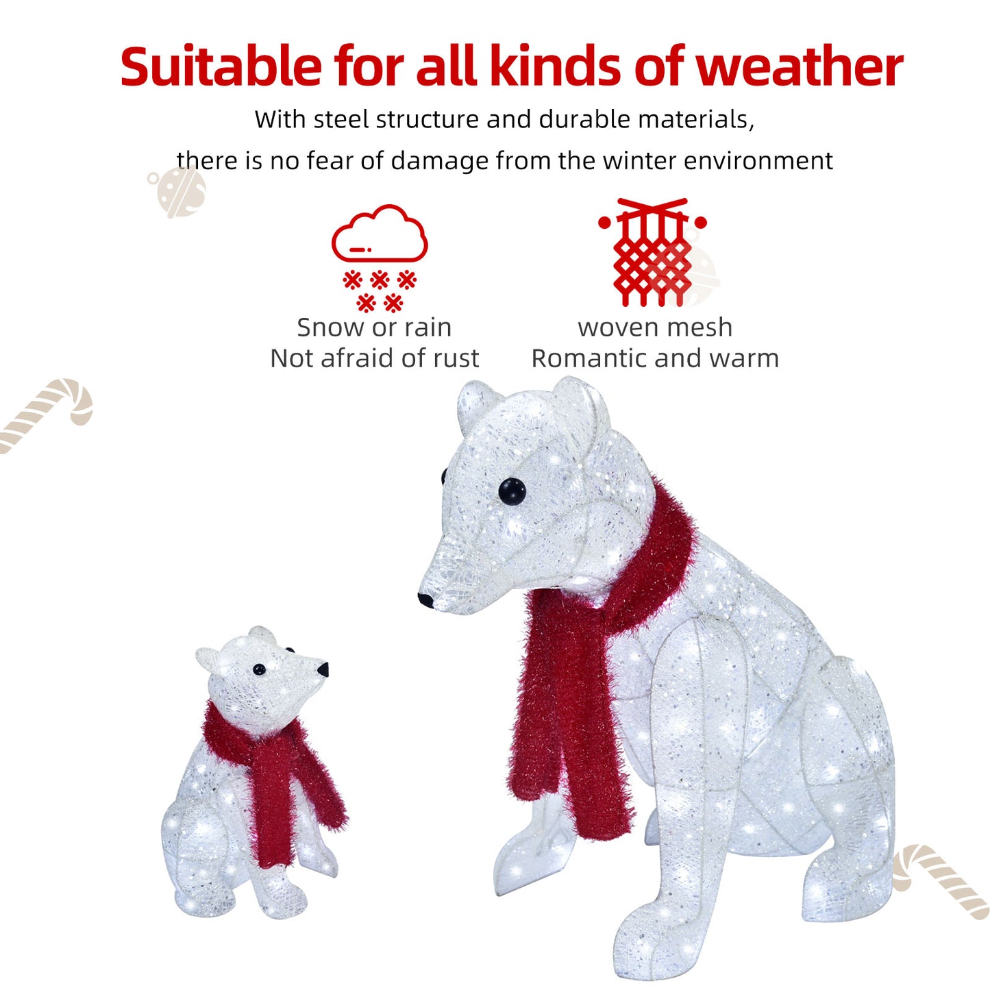 Lighted Polar Bear Family 2PCS - Large All-Weather Pre-Lit Outdoor Christmas Décor for Front Yard and Lawn with 140 Pre-Strung LED Lights, Zip Ties, Extension Cord, and Ground Stakes - Red/White