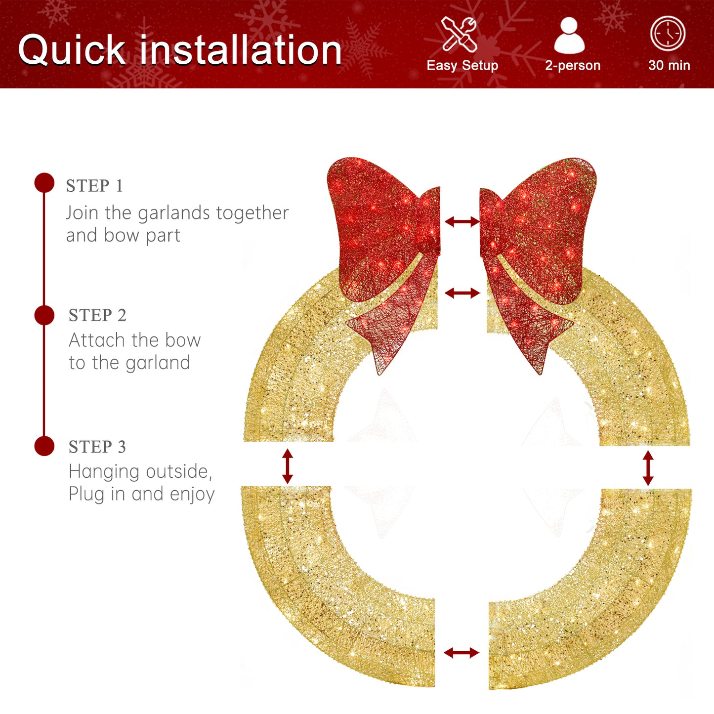 48Inch 4FT Large Christmas Wreath - Outdoor Christmas Wreaths with LED Lights,Extension Cable, Xmas Decorations for Door Outdoor Indoor Wall Home - Gold