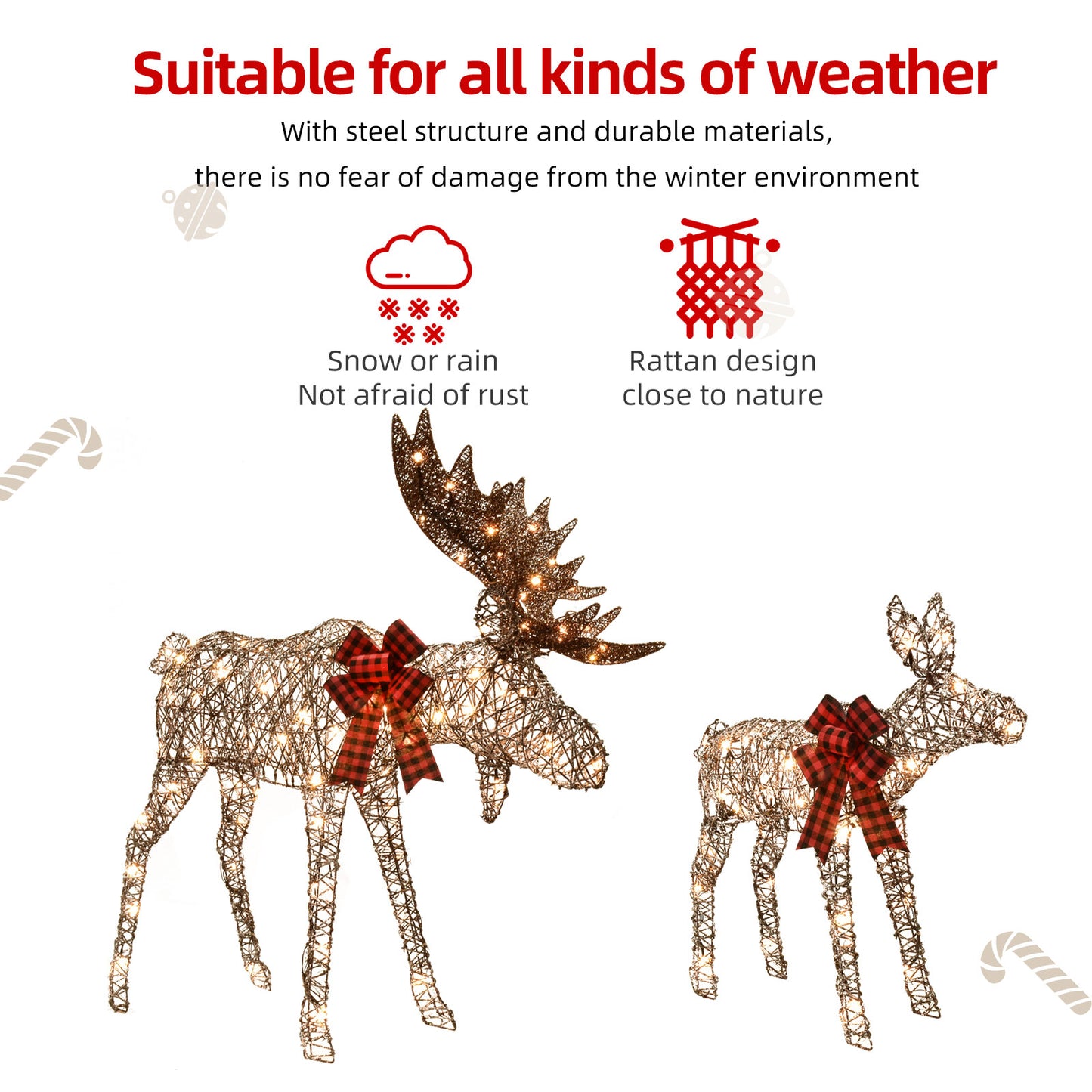 Lighted Christmas Decoration Moose Family - Light up Moose 2 Set with 135 Lights - Outdoor Yard Decoration Kit Including 2-Piece Deer, Stakes, and Extension Cord - Brown - Woven Rattan