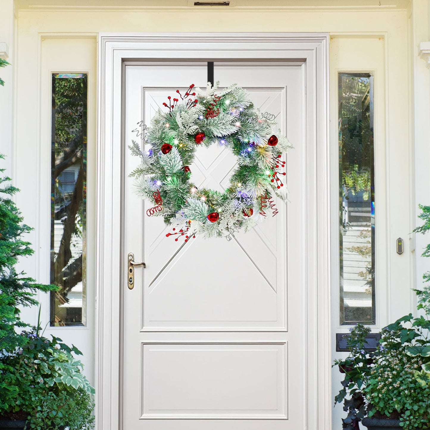 Christmas Wreath for Front Door 24inch - Light Up Artificial Christmas Wreath, Lighted Christmas Wreaths Battery Operated, with Bells and Wreath Hanger, for Front Door Wall Windows Xmas Decoration