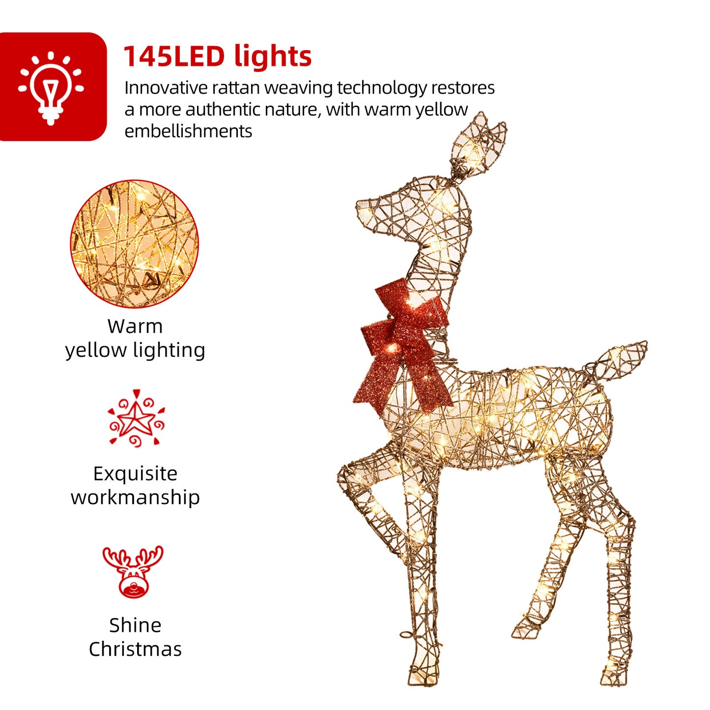 HOYECHI 3-Piece 2D Lighted Christmas Rattan Deer Family Set Large Outdoor Yard Reindeer Holiday Decoration with 145 LED Lights, Stakes, Zip Ties - Brown