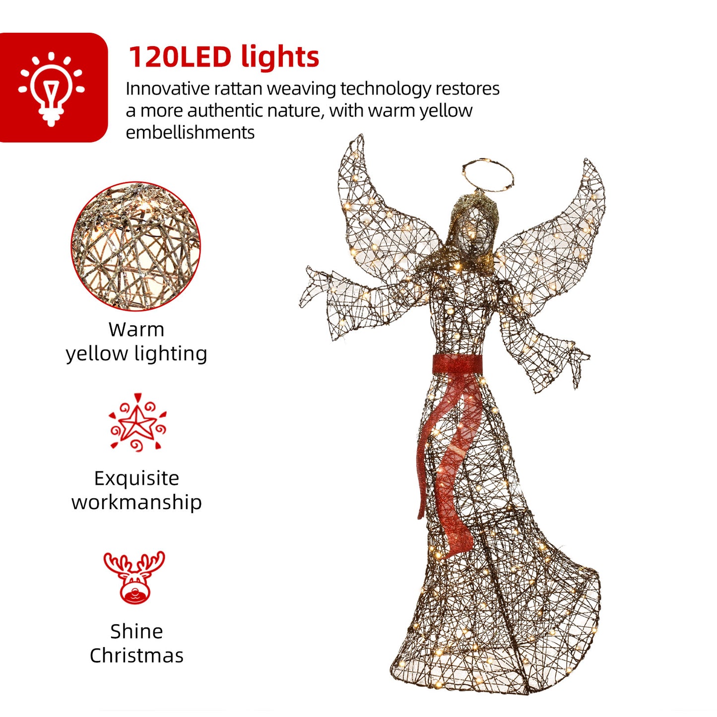 5FT Outdoor Angel Christmas Decoration - HOYECHI Outside Christmas Decor Rattan Angels with 120 LED Lights, Elegant Winged Holiday Figure for Lawn with Bow, Halo, Extension Cord and Ground Stakes