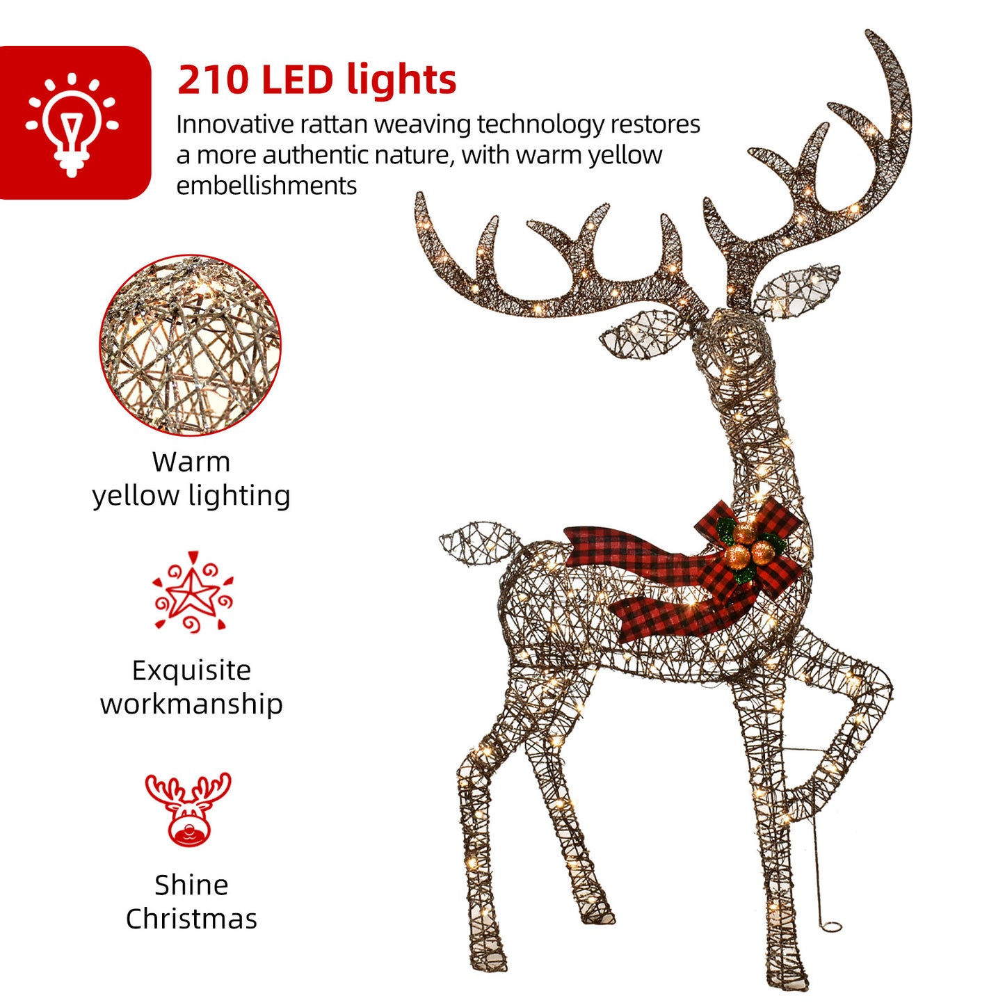 Outdoor Christmas Decorations Rattan Reindeer Family - Light Up Rattan Deer 3 Set with 210 LED Lights - Outside Yard Decor Kit Including Lighted 3-Piece Deer, Stakes - Brown