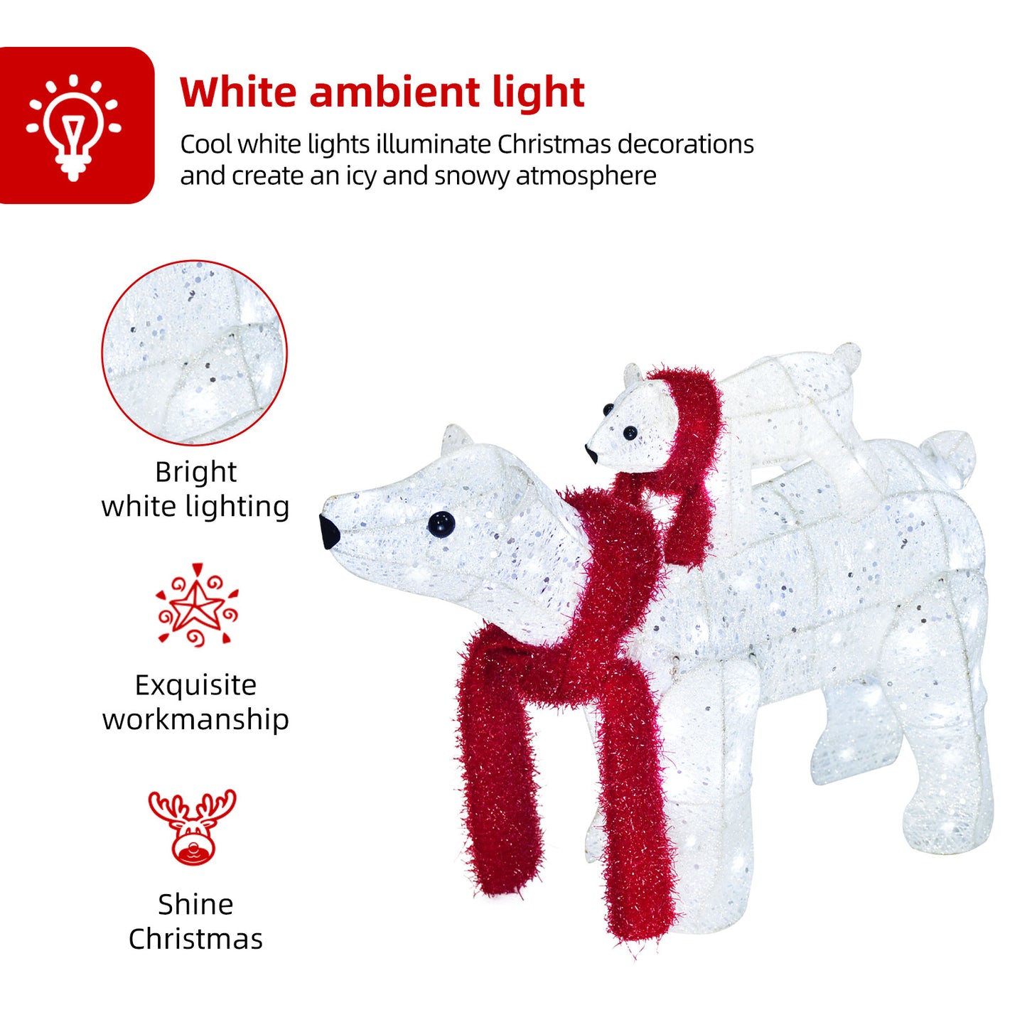 3-Piece Lighted Polar Bear Family - Large All-Weather Outdoor Christmas Decorations for Front Yard, Lawn, or Indoor Use with 140 Pre-Strung Lights, Zip Ties, Ground Stakes, Extension Cord - White