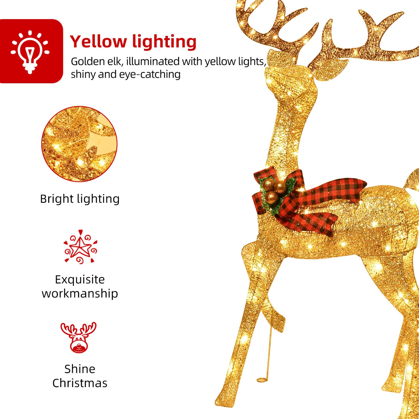 3-Piece Large Deer Family - HOYECHI Lighted Christmas 3D Reindeer Outdoor Yard Decoration Set w/ 210 LED Lights, Stakes, Zip Ties - Gold