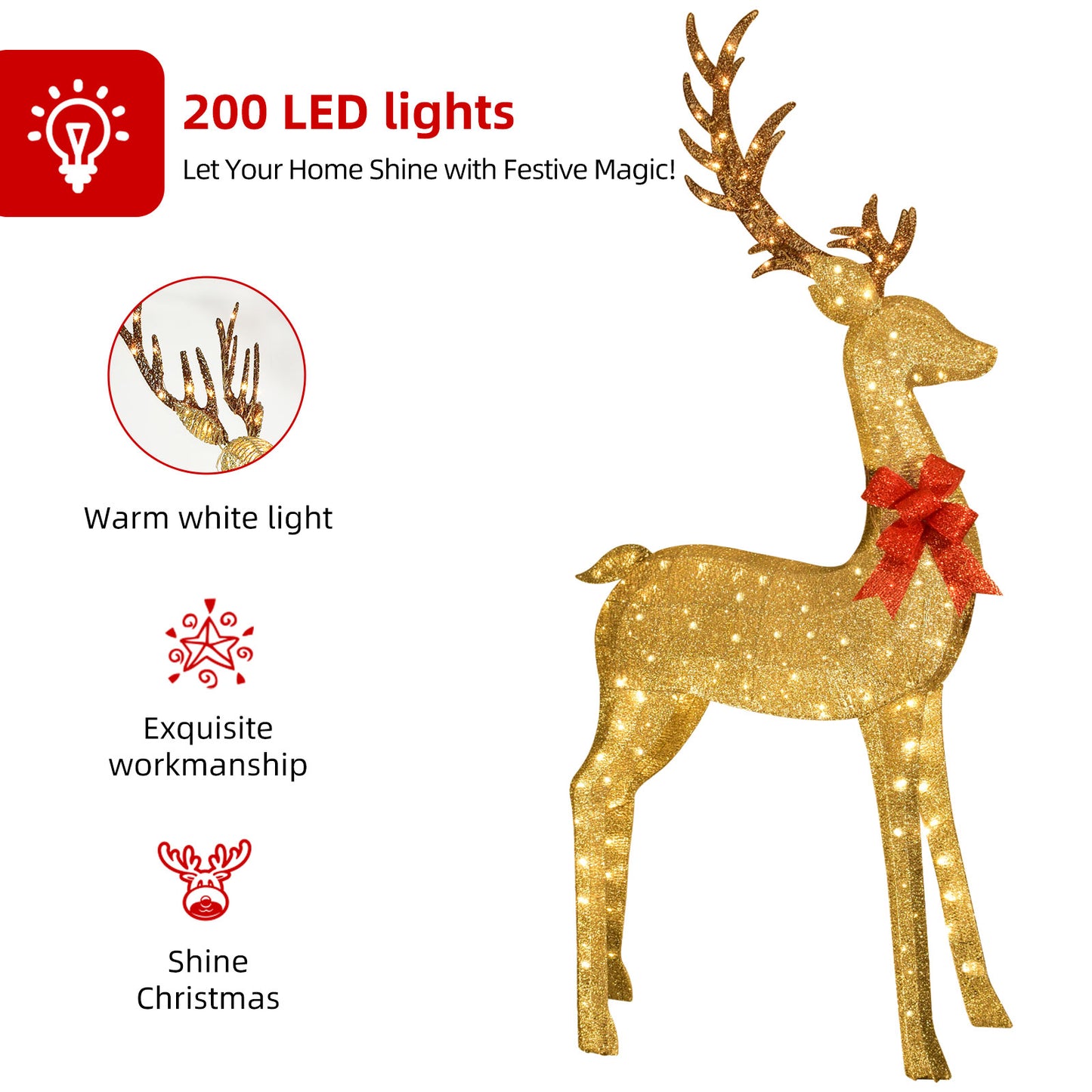 8.8 Ft Lighted Outdoor Christmas Deer - HOYECHI Christmas Decor Outside Lighted Huge Buck with 200 LED Lights, for Front Yard Porch Gardens Lawns Party Parks Malls - Gol