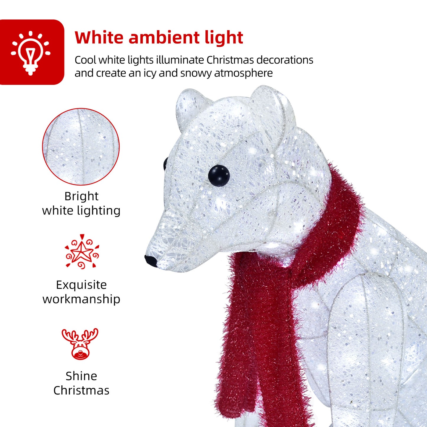 Lighted Polar Bear Family 2PCS - Large All-Weather Pre-Lit Outdoor Christmas Décor for Front Yard and Lawn with 140 Pre-Strung LED Lights, Zip Ties, Extension Cord, and Ground Stakes - Red/White