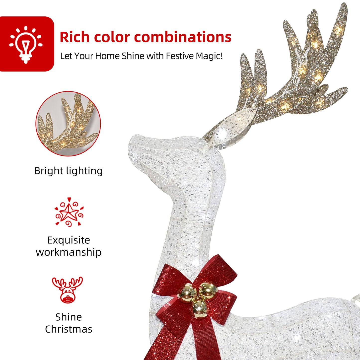 Lighted Christmas Decorations Reindeer & Sleigh 2 Pcs, HOYECHI Light up Christmas Decor Deer Set for Indoor Home Outdoor Front Yard Porch with LED Lights, Plug, Ground Stakes - White