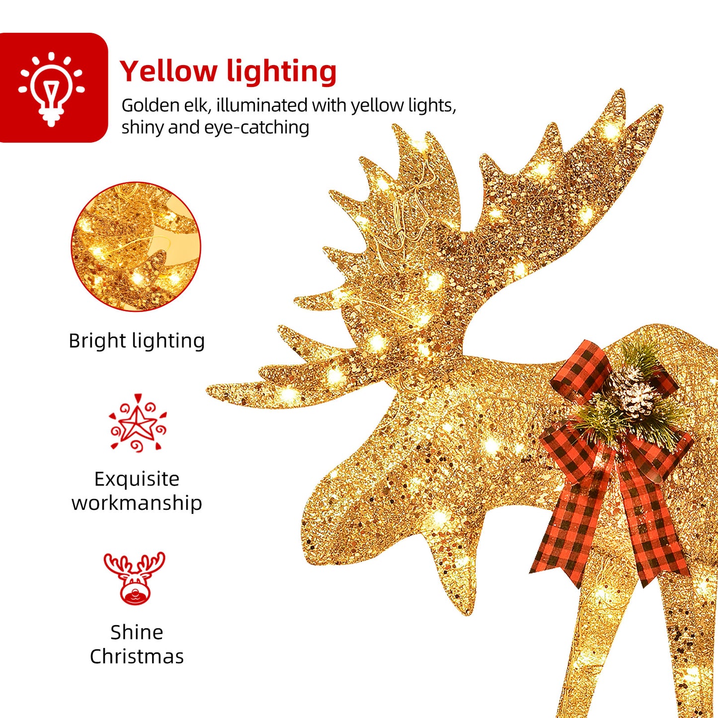 HOYECHI Lighted Christmas Decoration Moose Family - Light up Moose 2 Set with 135 Lights - Outdoor Yard Decoration Kit Including 2-Piece Deer, Stakes, and Extension Cord - Gold