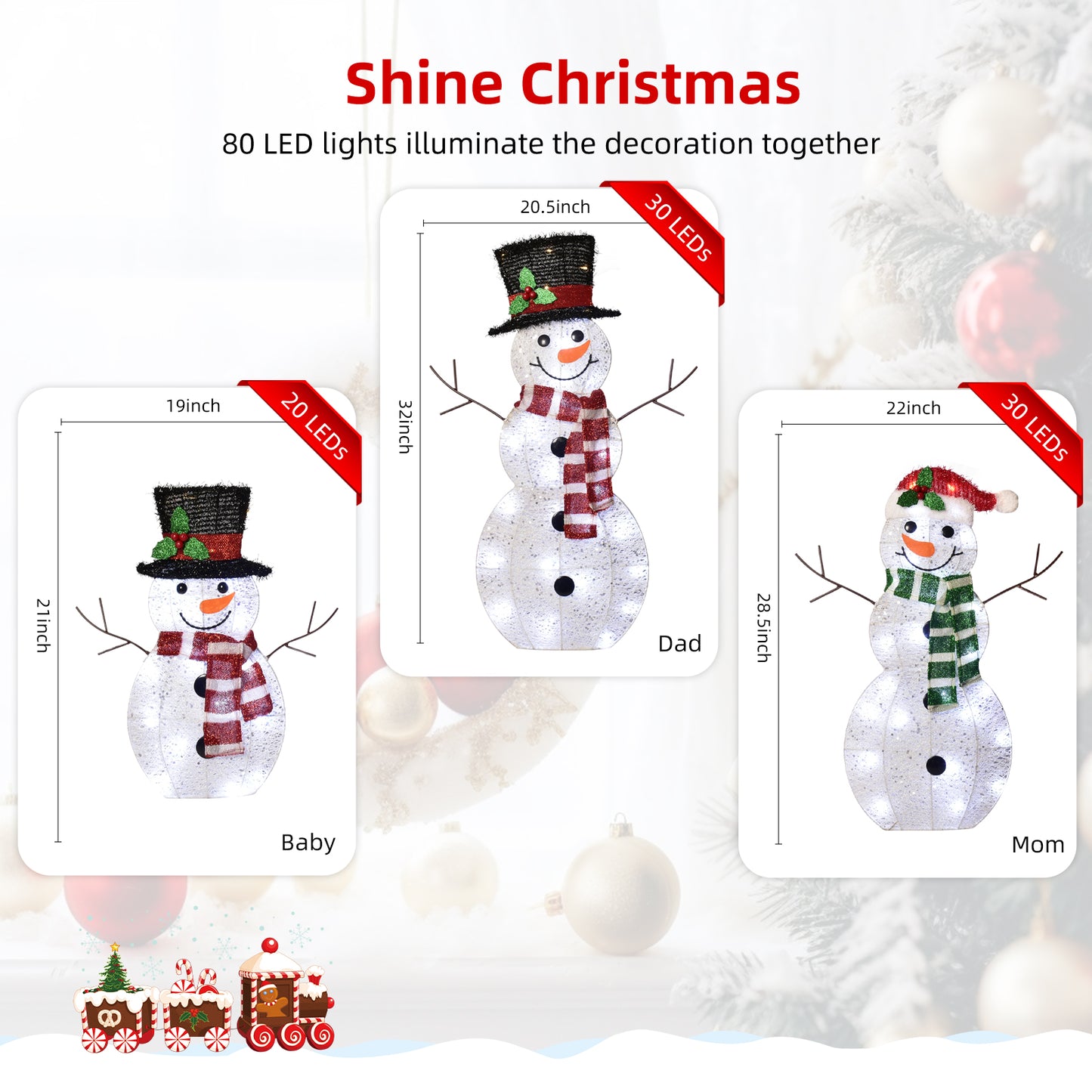 3-Piece 2D Lighted Christmas Snowman Family Set - HOYECHI Outdoor Yard Light Up Snowman Holiday Decoration with 80 LED Lights, Stakes, Zip Ties - White