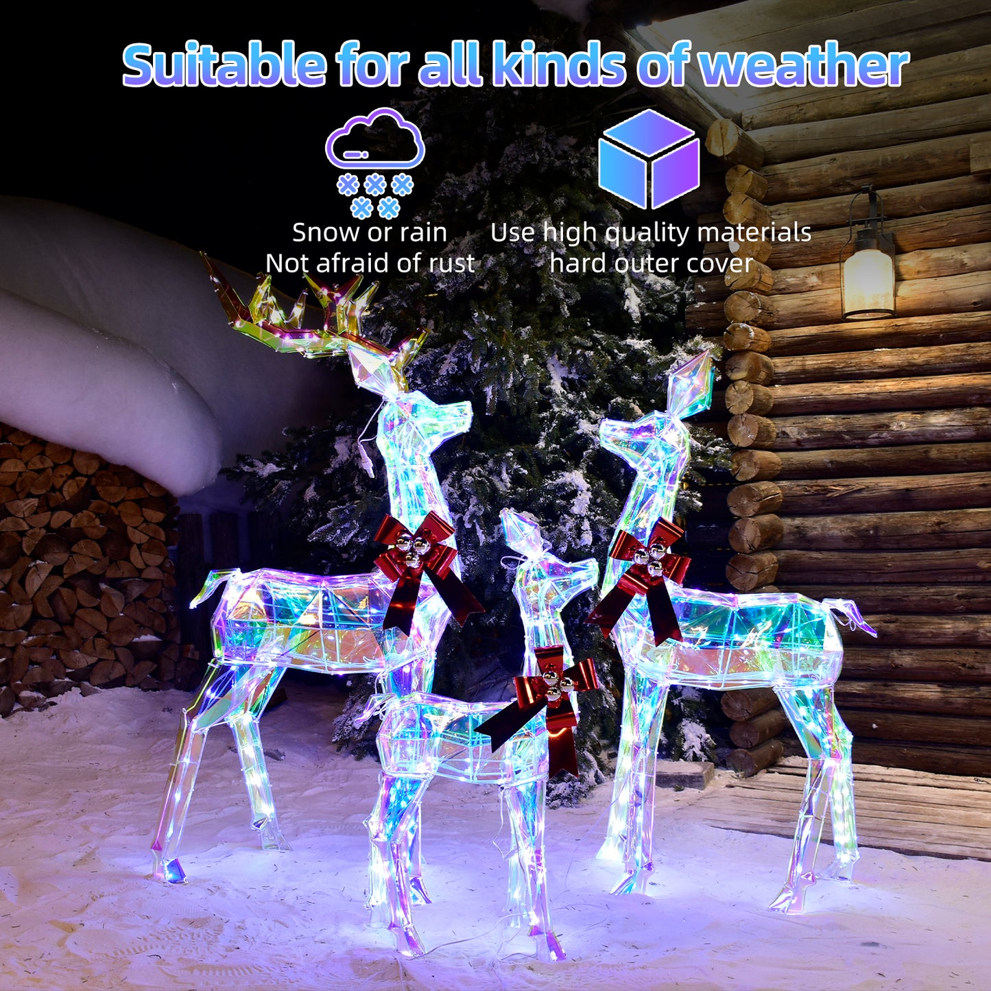 Outdoor Christmas Decorations Deer Family - HOYECHI 3-Piece Lighted Prismatic Reindeer with 465 LED Lights - Outside Yard Decor Kit, Stakes, Zip Ties - Iridescent