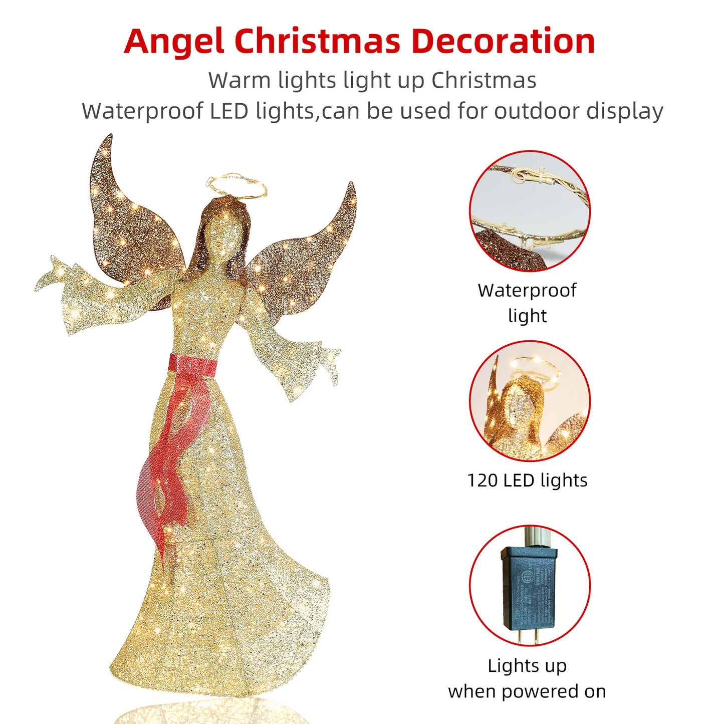 5FT Outdoor Angel Christmas Decoration - Light Up Outdoor Christmas Decorations Angels with 120 LED Lights - Elegant Winged Holiday Figure for Lawn with Bow, Halo, Extension Cord and Ground Stakes