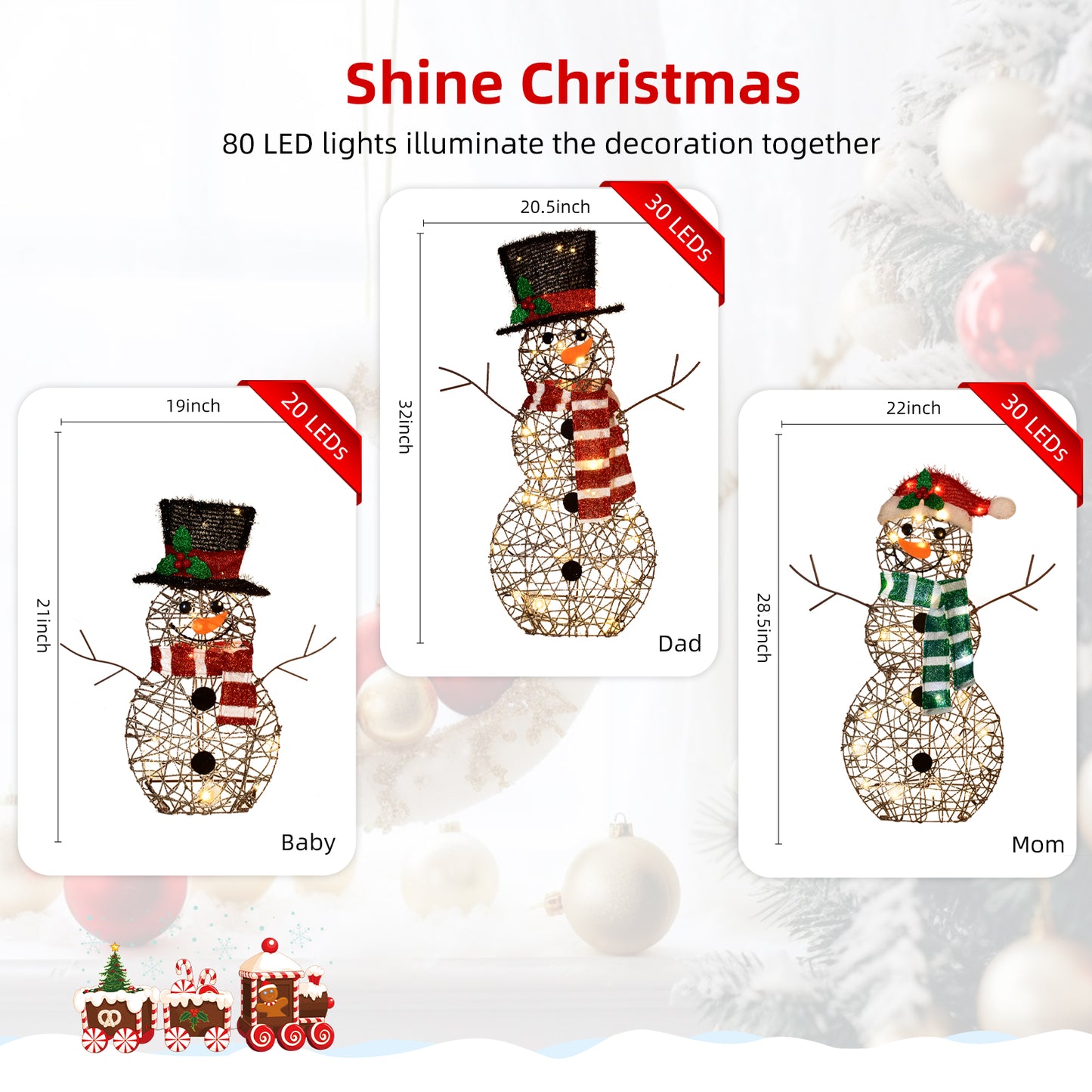 3-Piece 2D Lighted Christmas Rattan Snowman Family Set - HOYECHI Outdoor Yard Light Up Snowman Holiday Decoration with 80 LED Lights, Stakes, Zip Ties - Brown