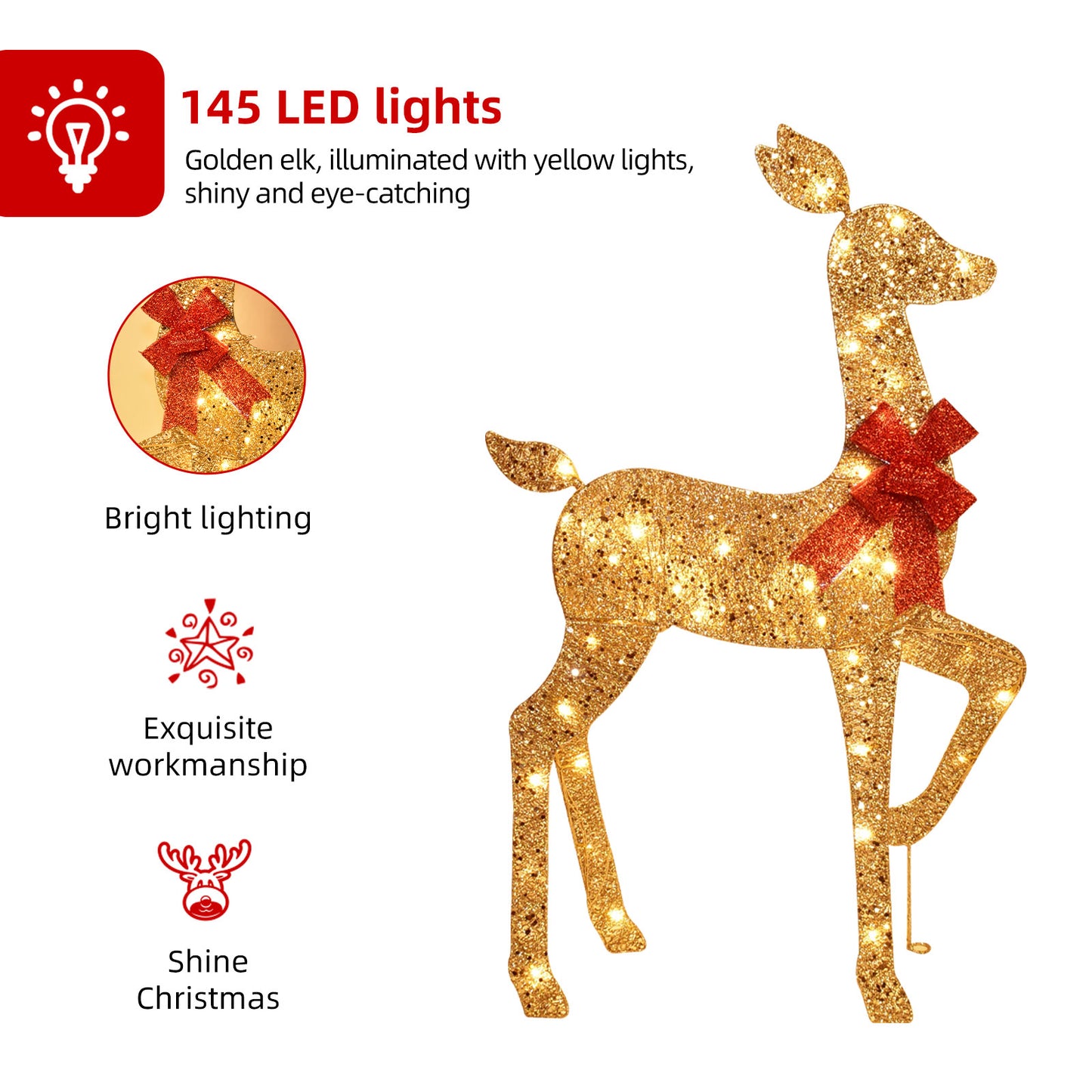 3-Piece 2D Lighted Christmas Deer Family Set - HOYECHI Large Outdoor Yard Reindeer Holiday Decoration with 145 LED Lights, Stakes, Zip Ties - Gold