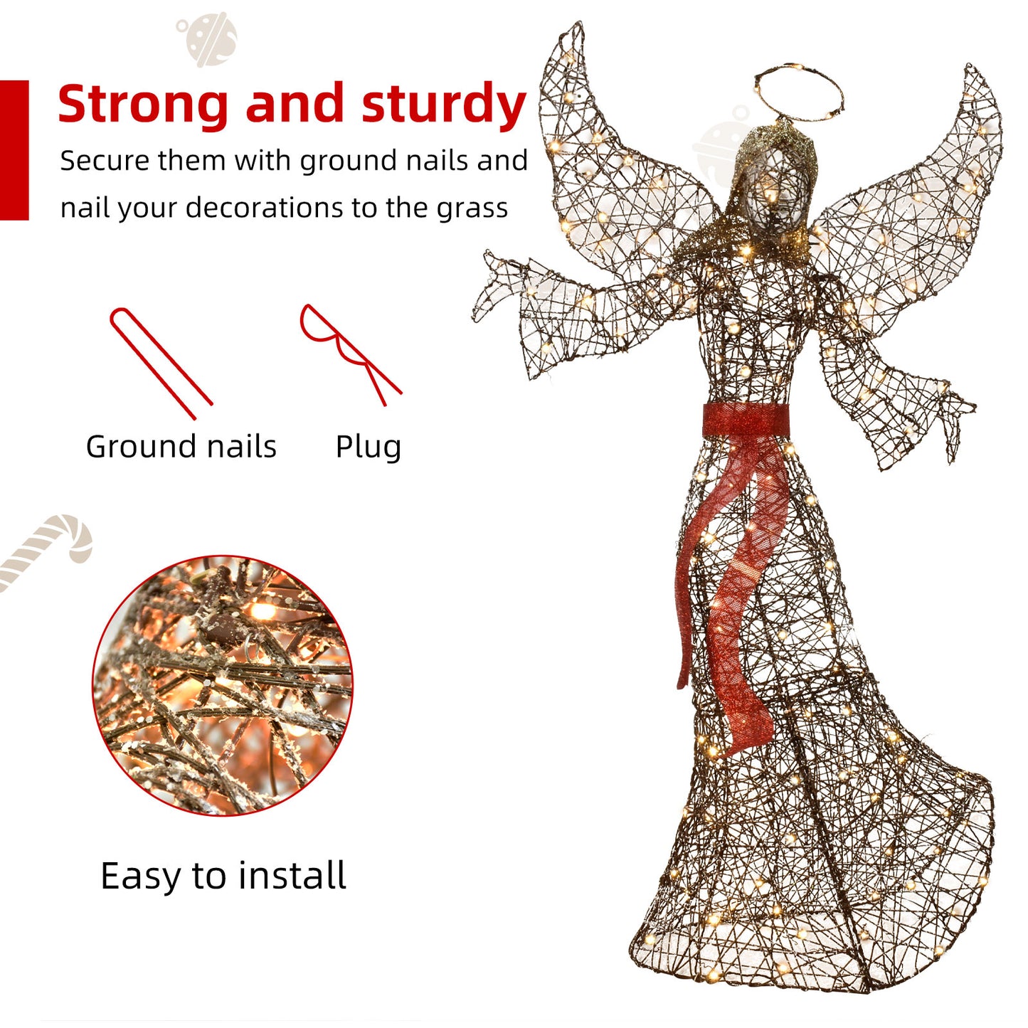 5FT Outdoor Angel Christmas Decoration - HOYECHI Outside Christmas Decor Rattan Angels with 120 LED Lights, Elegant Winged Holiday Figure for Lawn with Bow, Halo, Extension Cord and Ground Stakes