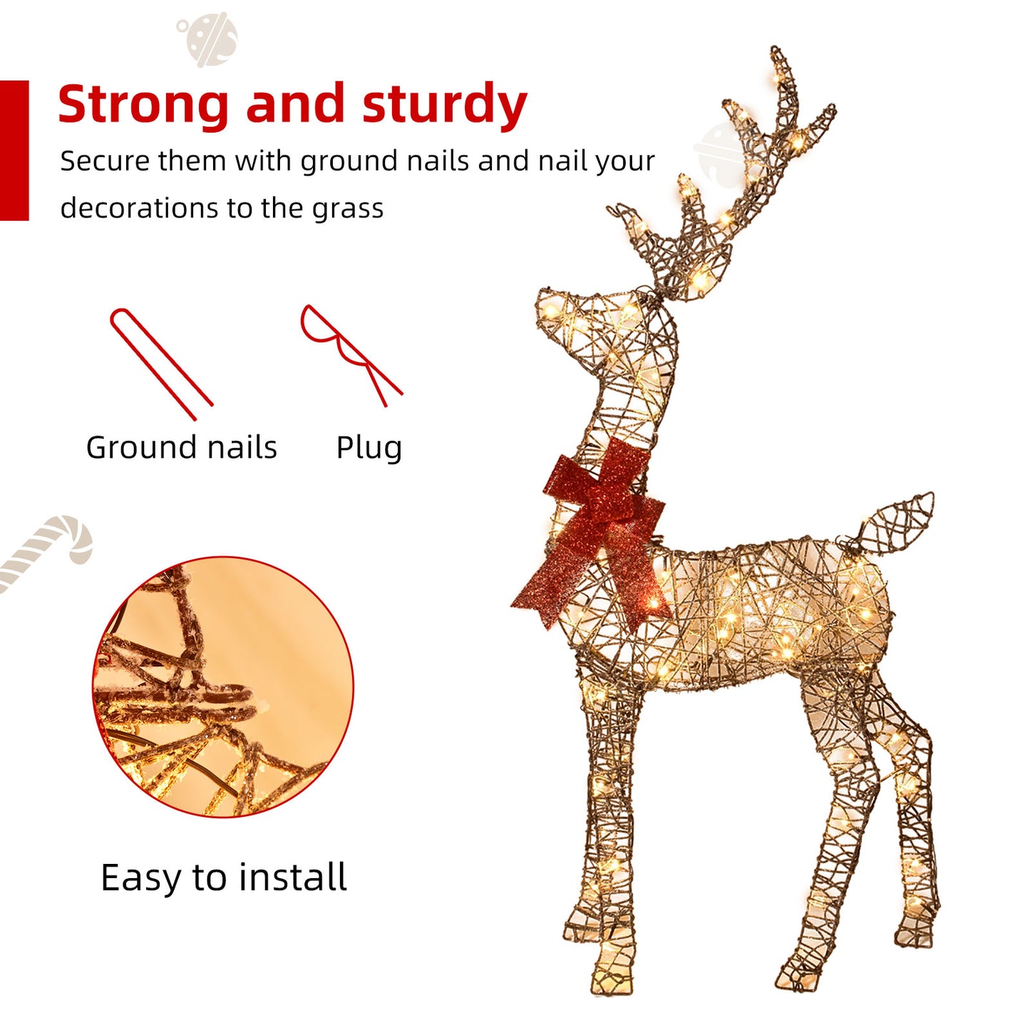 HOYECHI 3-Piece 2D Lighted Christmas Rattan Deer Family Set Large Outdoor Yard Reindeer Holiday Decoration with 145 LED Lights, Stakes, Zip Ties - Brown