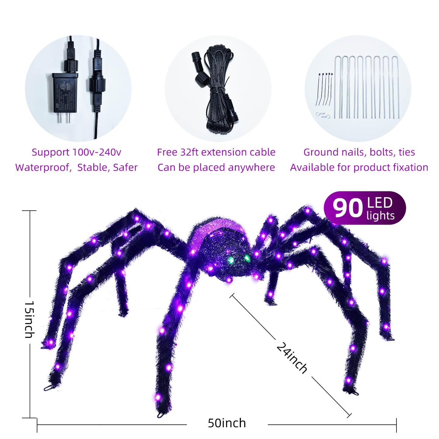 Halloween Decorations Outside Giant Spider - HOYECHI Outdoor Halloween Decor Lighted Spider 4.2FT, Light Up Spider with 90 LED Lights, Ground Stakes, for Front Yard Porch Gardens Lawns Party