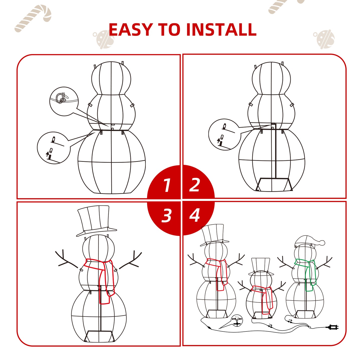 3-Piece 2D Lighted Christmas Rattan Snowman Family Set - HOYECHI Outdoor Yard Light Up Snowman Holiday Decoration with 80 LED Lights, Stakes, Zip Ties - Brown