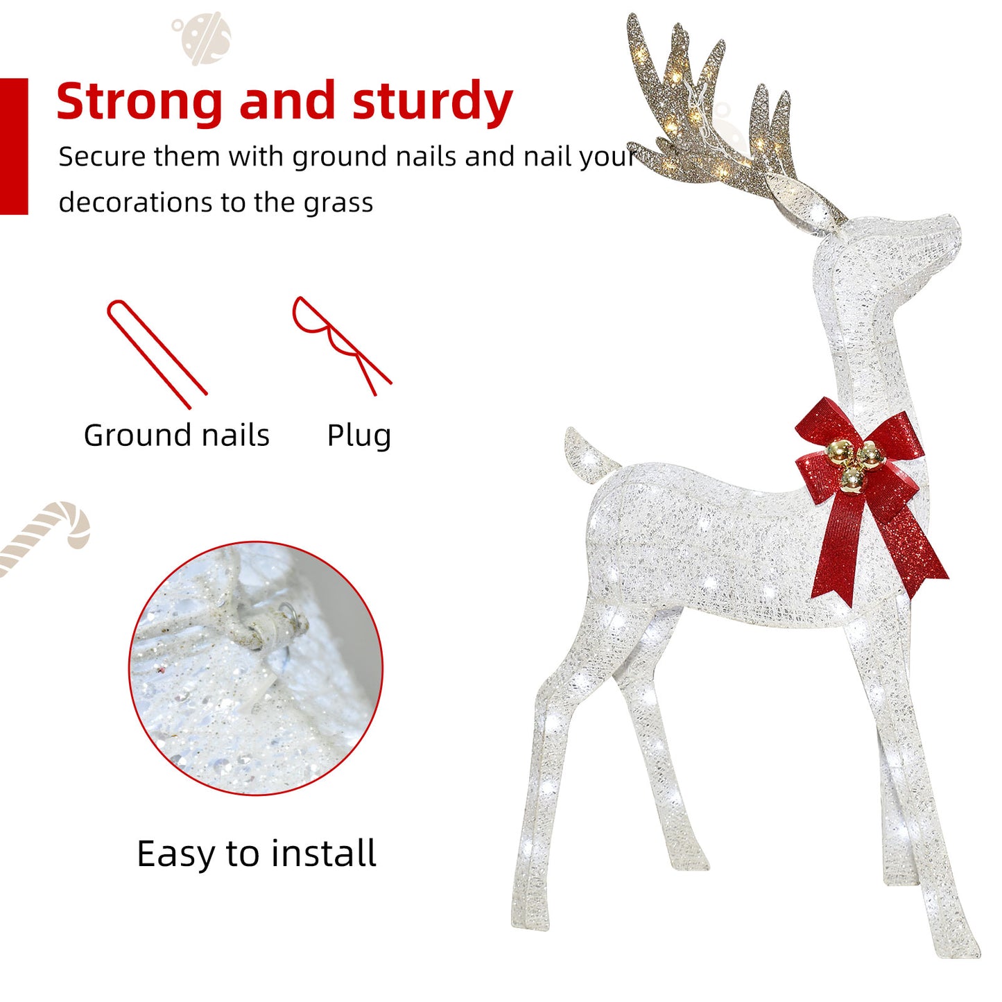 Lighted Christmas Decorations Reindeer & Sleigh 2 Pcs, HOYECHI Light up Christmas Decor Deer Set for Indoor Home Outdoor Front Yard Porch with LED Lights, Plug, Ground Stakes - White