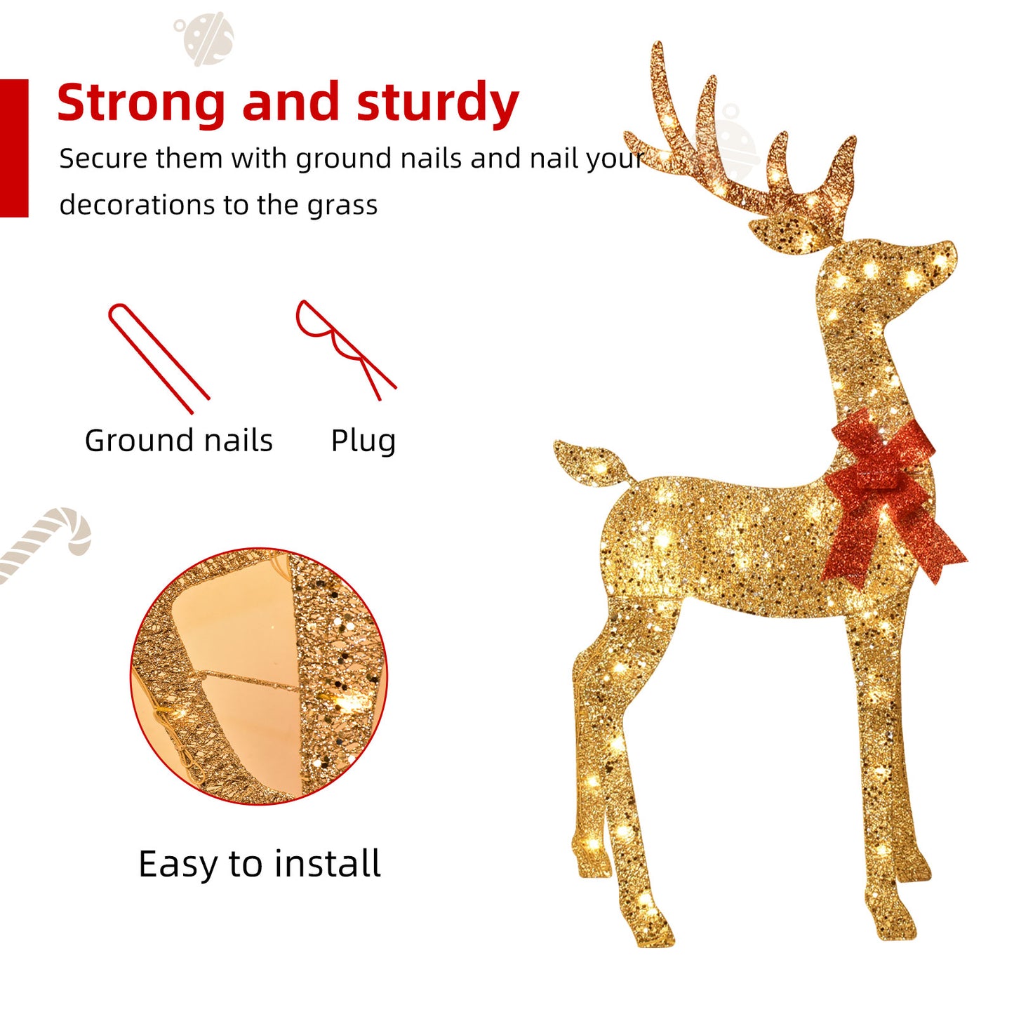 3-Piece 2D Lighted Christmas Deer Family Set - HOYECHI Large Outdoor Yard Reindeer Holiday Decoration with 145 LED Lights, Stakes, Zip Ties - Gold