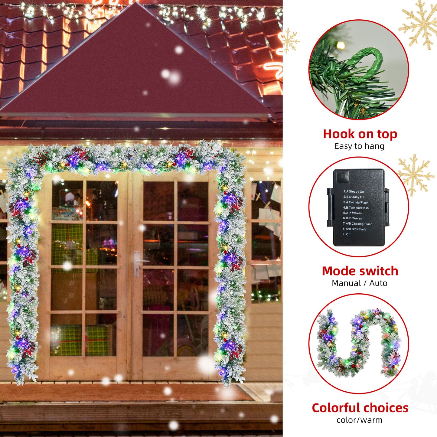 Christmas Garland with Lights 9FT - HOYECHI Flocked Christmas Garland with 50 LED Battery Powered, 9 Lighting Modes, Red Berry & Bell Decor - Perfect for Stairs, Front Door, and Christmas Decorations