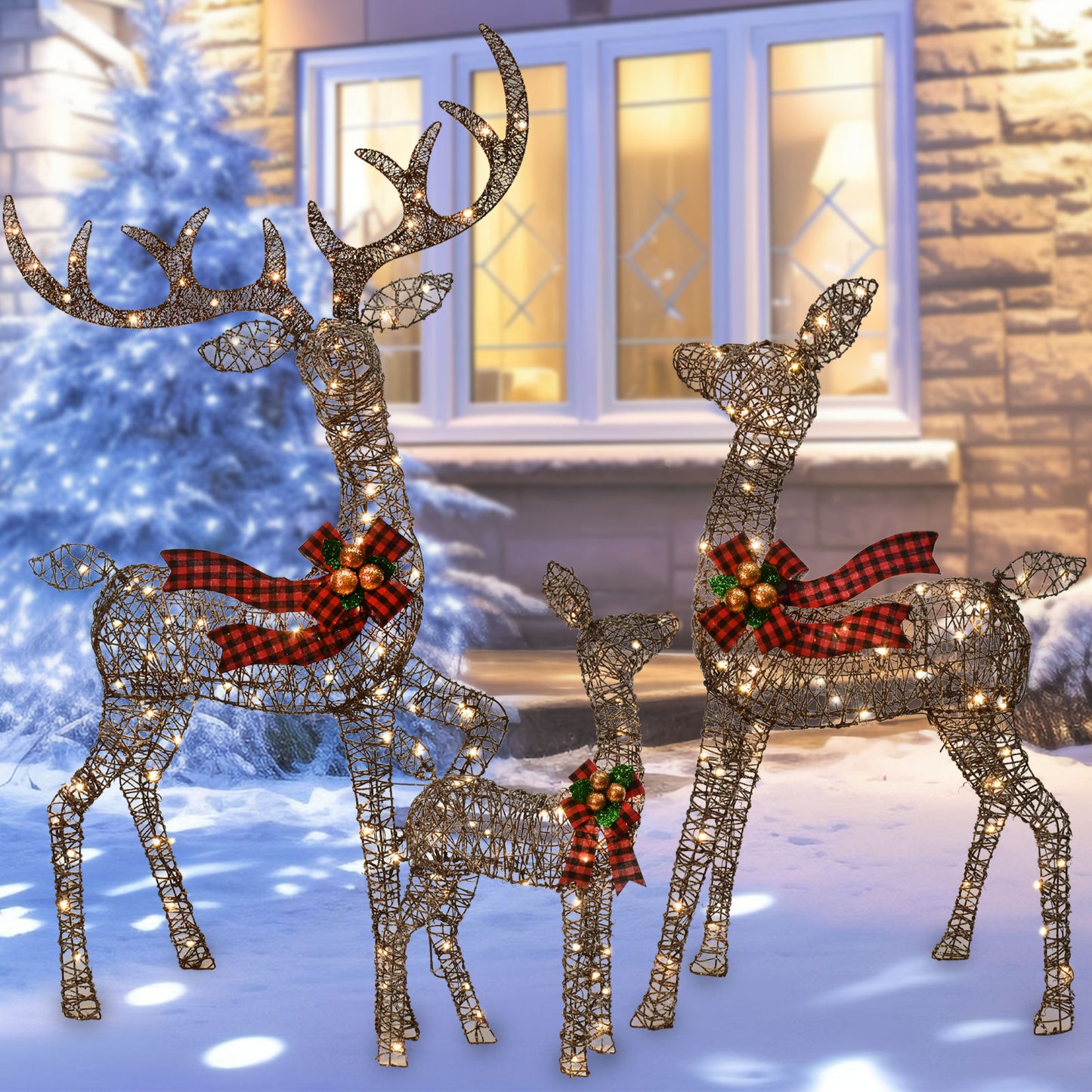 Outdoor Christmas Decorations Rattan Reindeer Family - Light Up Rattan Deer 3 Set with 210 LED Lights - Outside Yard Decor Kit Including Lighted 3-Piece Deer, Stakes - Brown