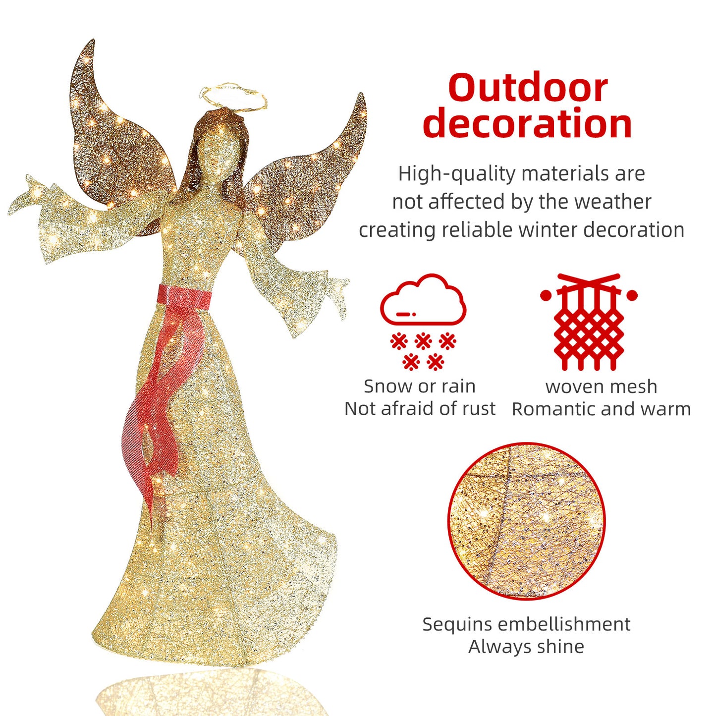 5FT Outdoor Angel Christmas Decoration - Light Up Outdoor Christmas Decorations Angels with 120 LED Lights - Elegant Winged Holiday Figure for Lawn with Bow, Halo, Extension Cord and Ground Stakes