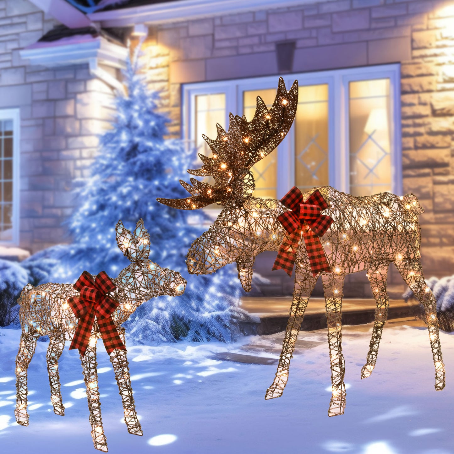 Lighted Christmas Decoration Moose Family - Light up Moose 2 Set with 135 Lights - Outdoor Yard Decoration Kit Including 2-Piece Deer, Stakes, and Extension Cord - Brown - Woven Rattan