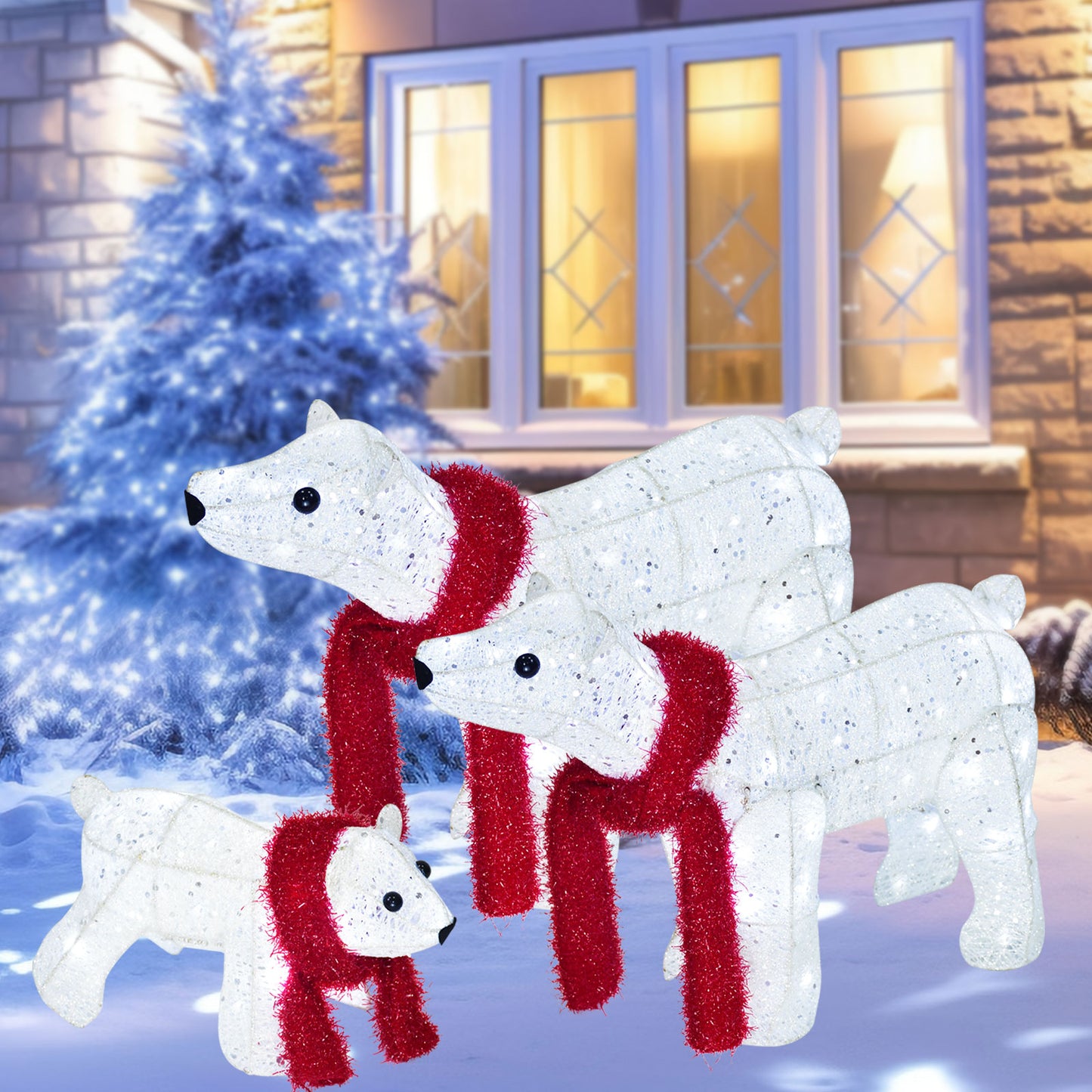 3-Piece Lighted Polar Bear Family - Large All-Weather Outdoor Christmas Decorations for Front Yard, Lawn, or Indoor Use with 140 Pre-Strung Lights, Zip Ties, Ground Stakes, Extension Cord - White