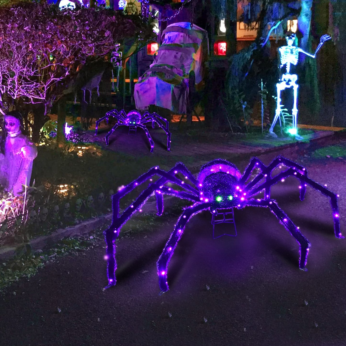 Halloween Decorations Outside Giant Spider - HOYECHI Outdoor Halloween Decor Lighted Spider 4.2FT, Light Up Spider with 90 LED Lights, Ground Stakes, for Front Yard Porch Gardens Lawns Party