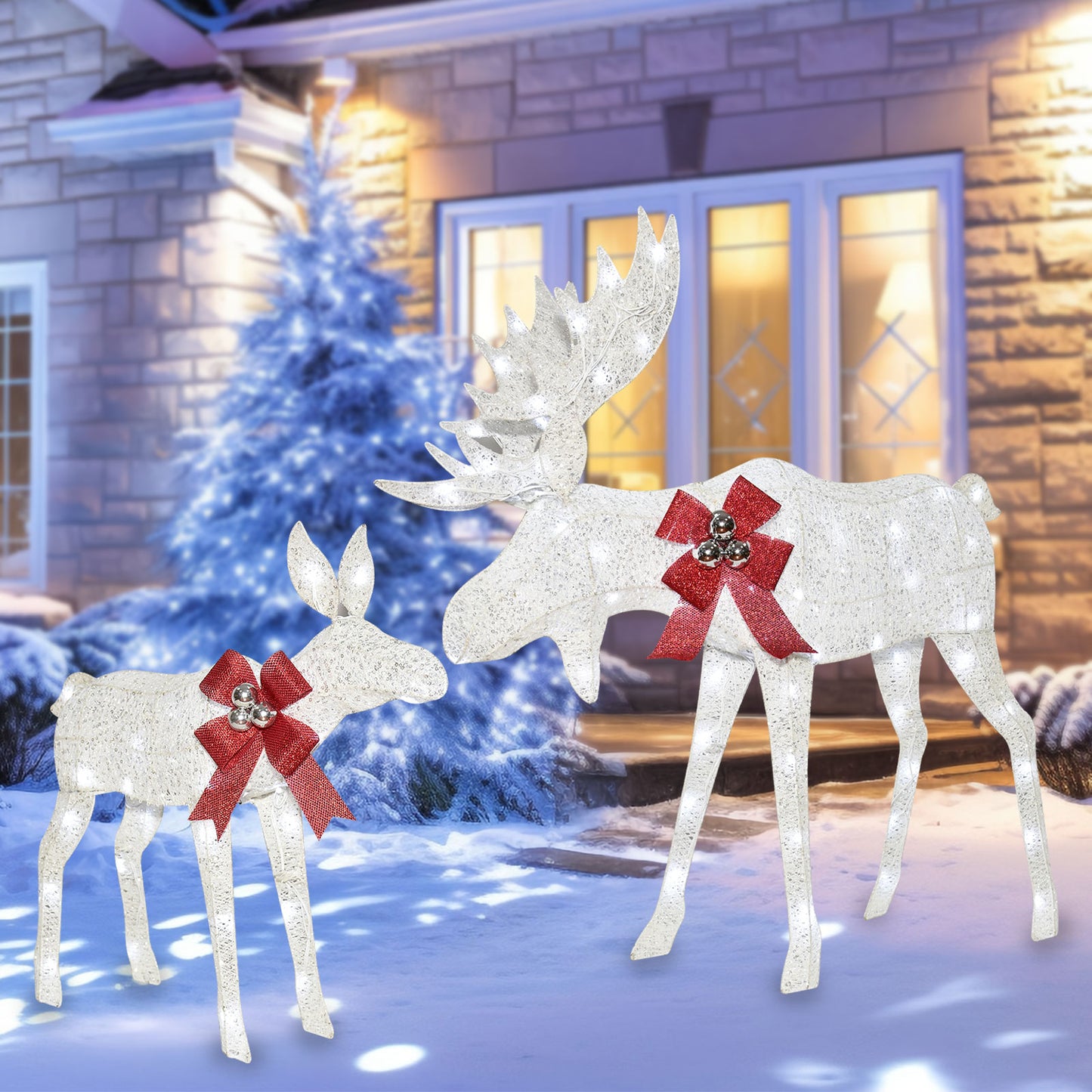 Lighted Christmas Decoration Moose Family - Light up Moose 2 Set with 135 Lights - Outdoor Yard Decoration Kit Including 2-Piece Deer, Stakes, and Extension Cord -White