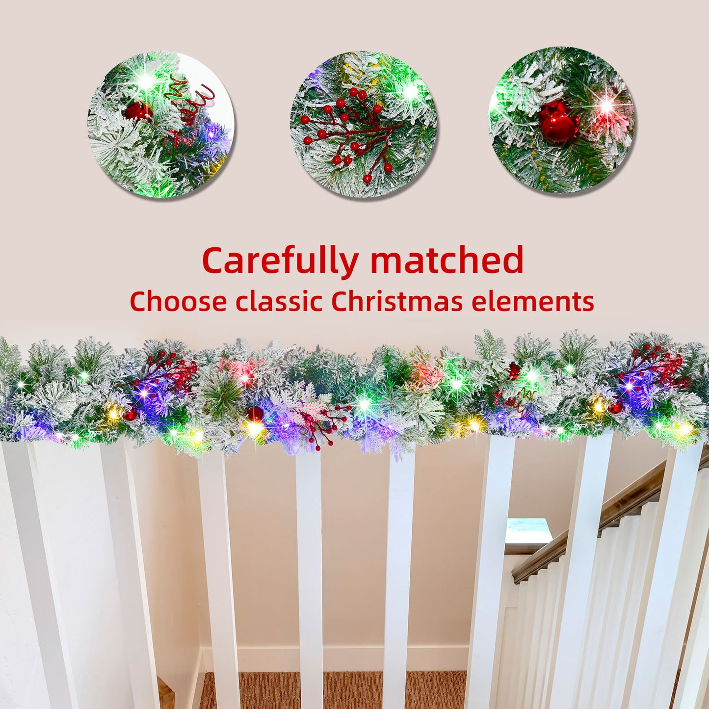 Christmas Garland with Lights 9FT - HOYECHI Flocked Christmas Garland with 50 LED Battery Powered, 9 Lighting Modes, Red Berry & Bell Decor - Perfect for Stairs, Front Door, and Christmas Decorations