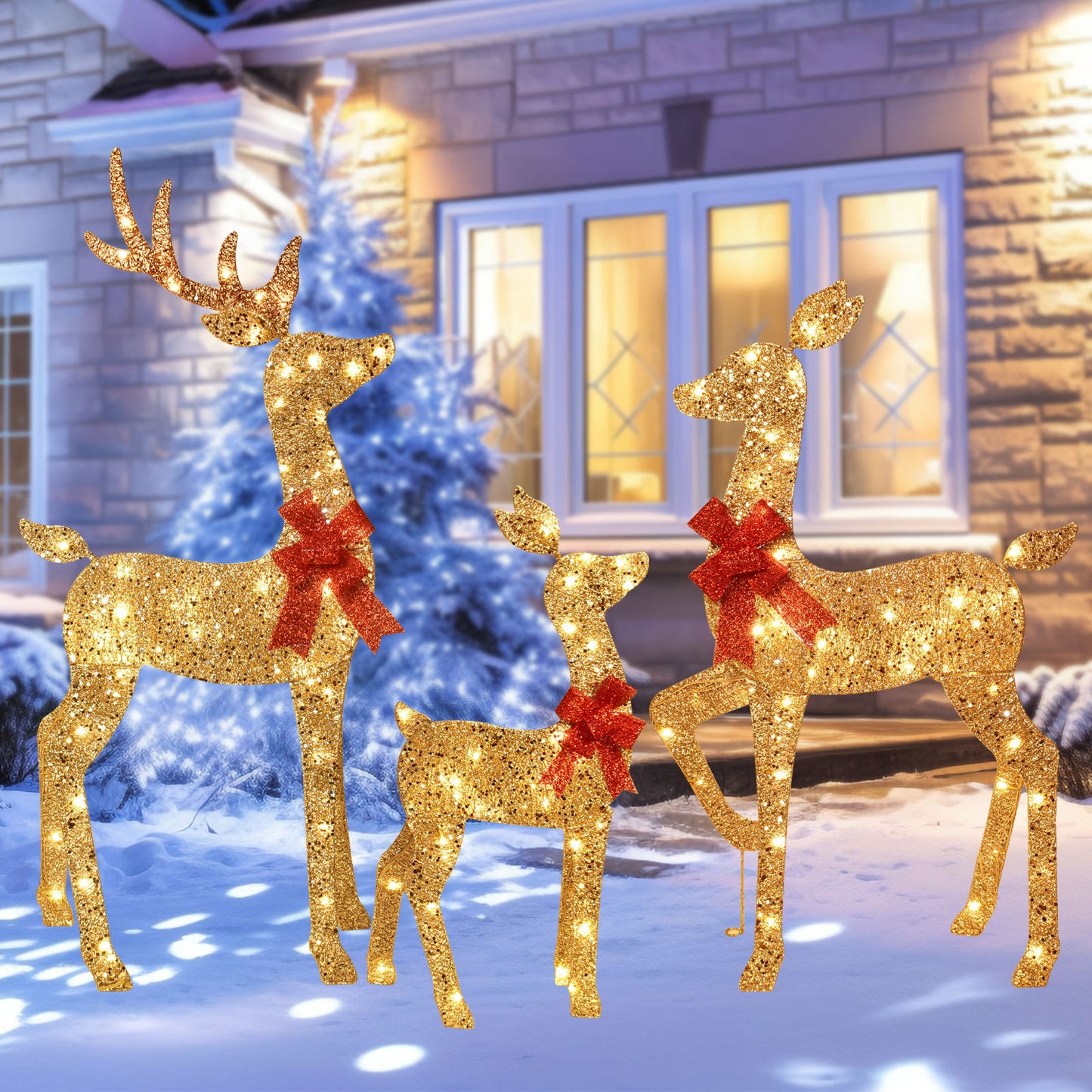 3-Piece 2D Lighted Christmas Deer Family Set - HOYECHI Large Outdoor Yard Reindeer Holiday Decoration with 145 LED Lights, Stakes, Zip Ties - Gold