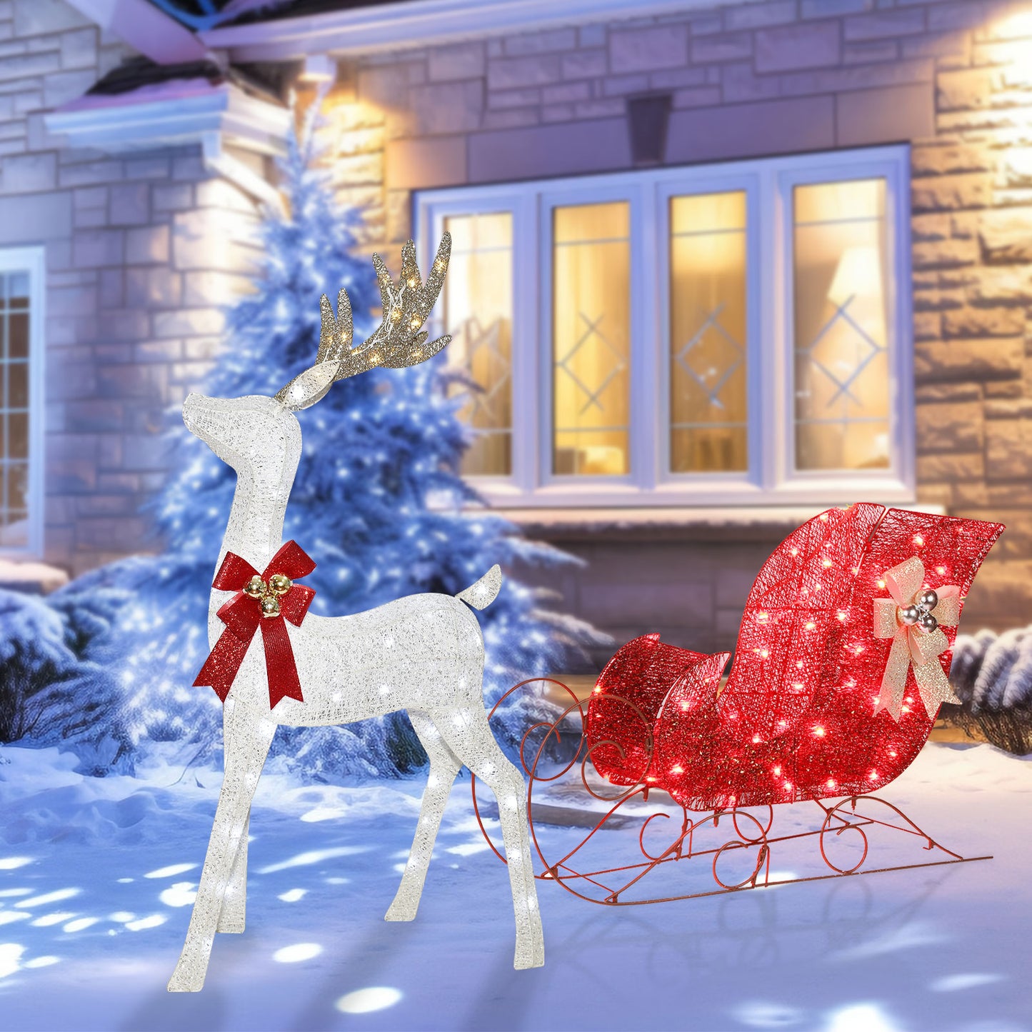 Lighted Christmas Decorations Reindeer & Sleigh 2 Pcs, HOYECHI Light up Christmas Decor Deer Set for Indoor Home Outdoor Front Yard Porch with LED Lights, Plug, Ground Stakes - White