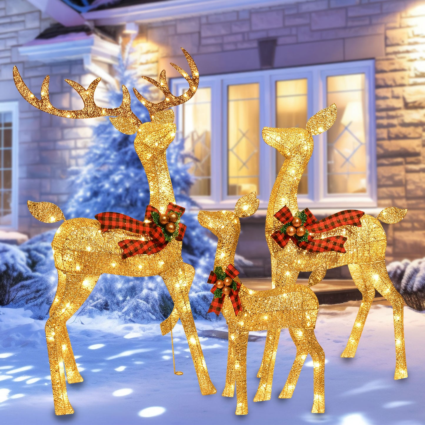 3-Piece Large Deer Family - HOYECHI Lighted Christmas 3D Reindeer Outdoor Yard Decoration Set w/ 210 LED Lights, Stakes, Zip Ties - Gold