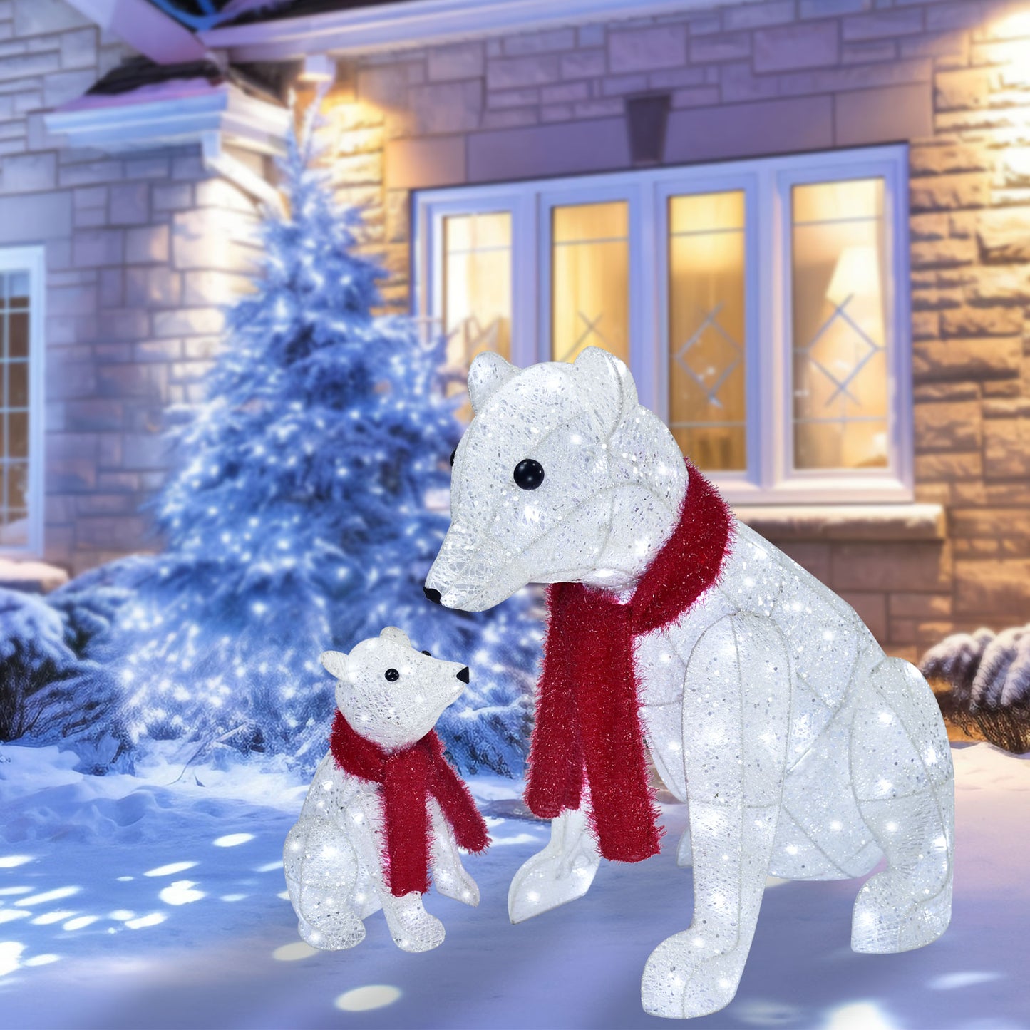 Lighted Polar Bear Family 2PCS - Large All-Weather Pre-Lit Outdoor Christmas Décor for Front Yard and Lawn with 140 Pre-Strung LED Lights, Zip Ties, Extension Cord, and Ground Stakes - Red/White