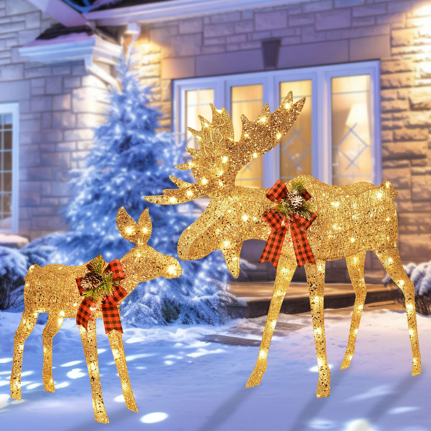 HOYECHI Lighted Christmas Decoration Moose Family - Light up Moose 2 Set with 135 Lights - Outdoor Yard Decoration Kit Including 2-Piece Deer, Stakes, and Extension Cord - Gold