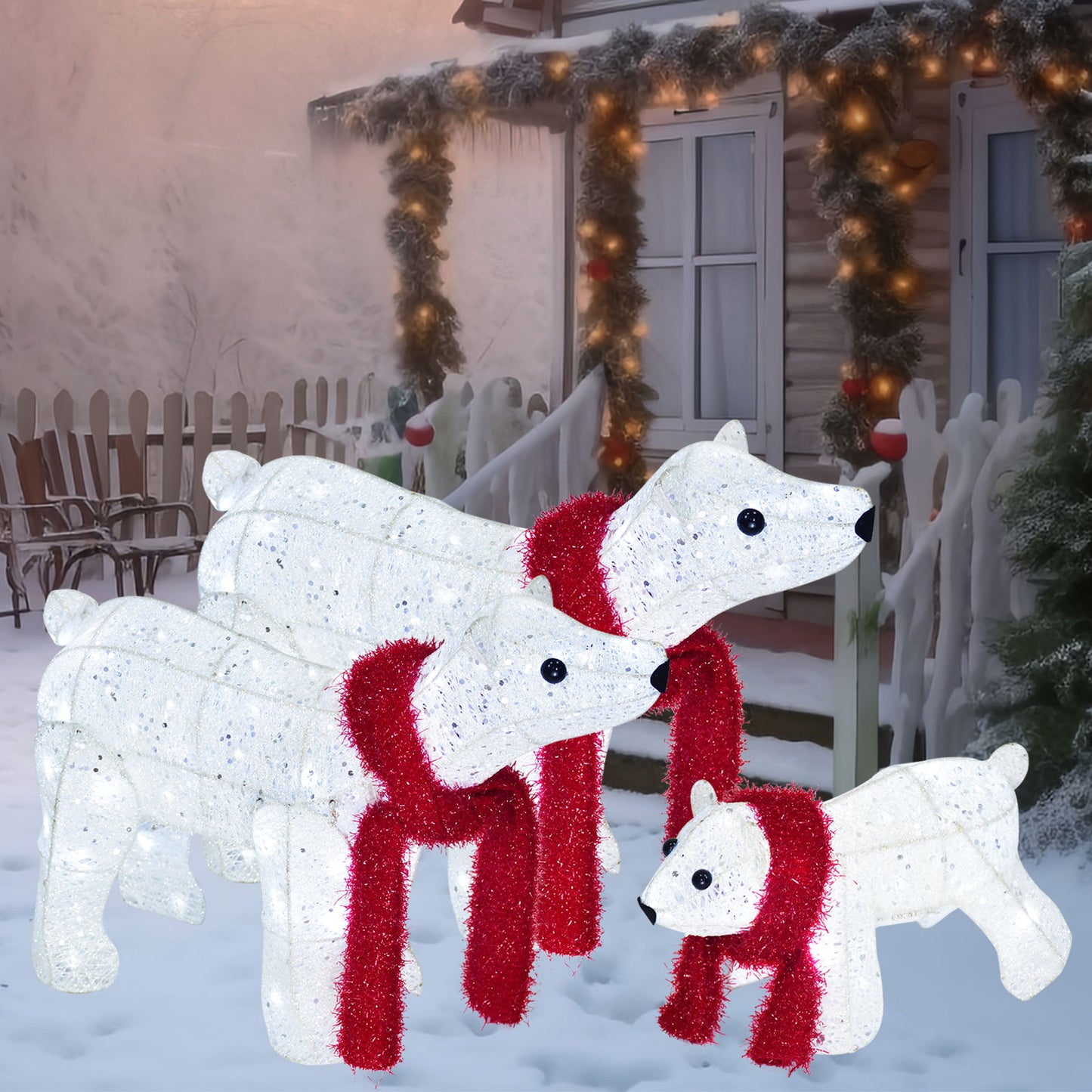 3-Piece Lighted Polar Bear Family - Large All-Weather Outdoor Christmas Decorations for Front Yard, Lawn, or Indoor Use with 140 Pre-Strung Lights, Zip Ties, Ground Stakes, Extension Cord - White