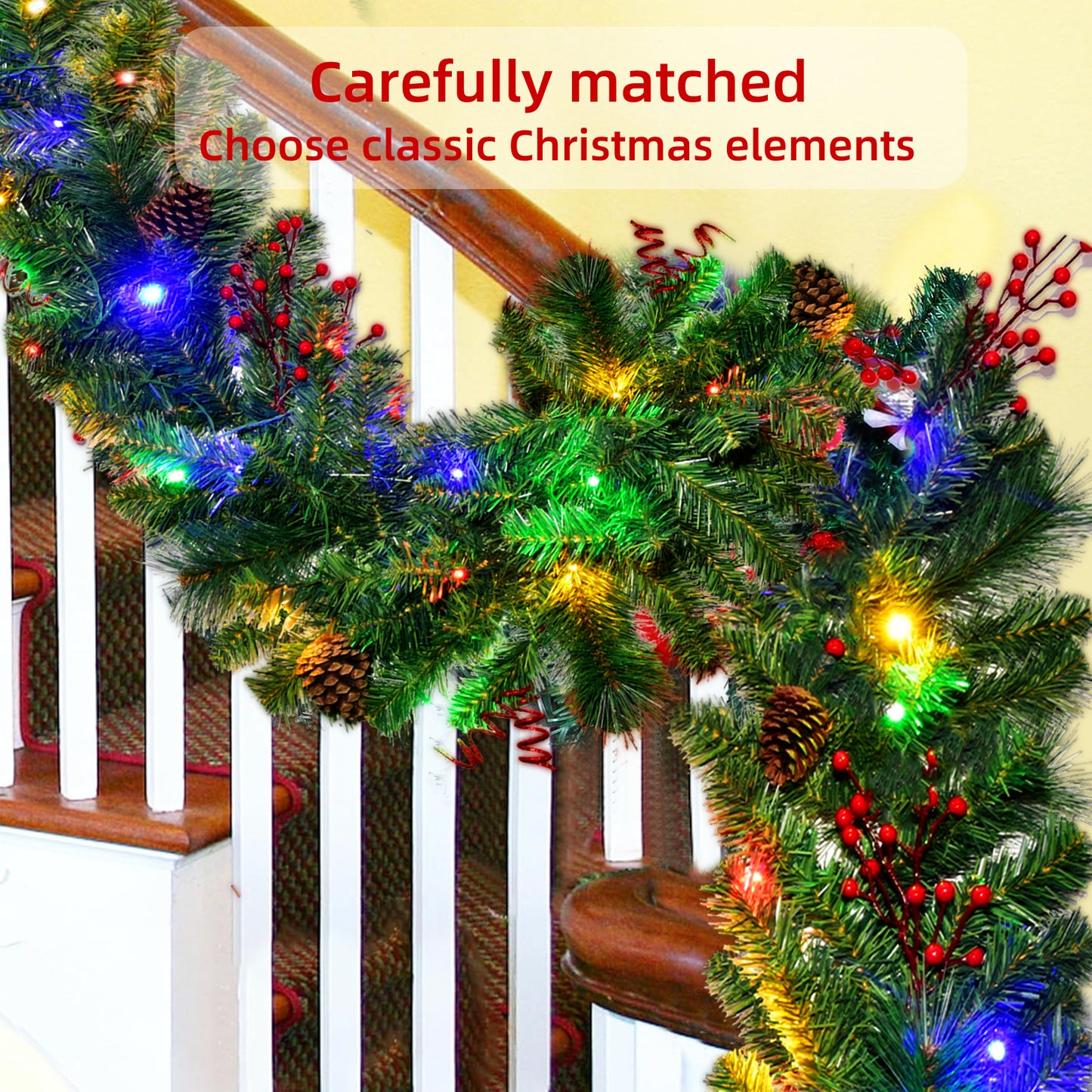 Christmas Garland with Lights 9FT, Lighted Christmas Garland Battery Powered 8 Lighting Modes, 50 LED Lights Christmas Garland, Red Berry, Christmas Pine Cone, for Stairs, Front Door, Christmas Decor