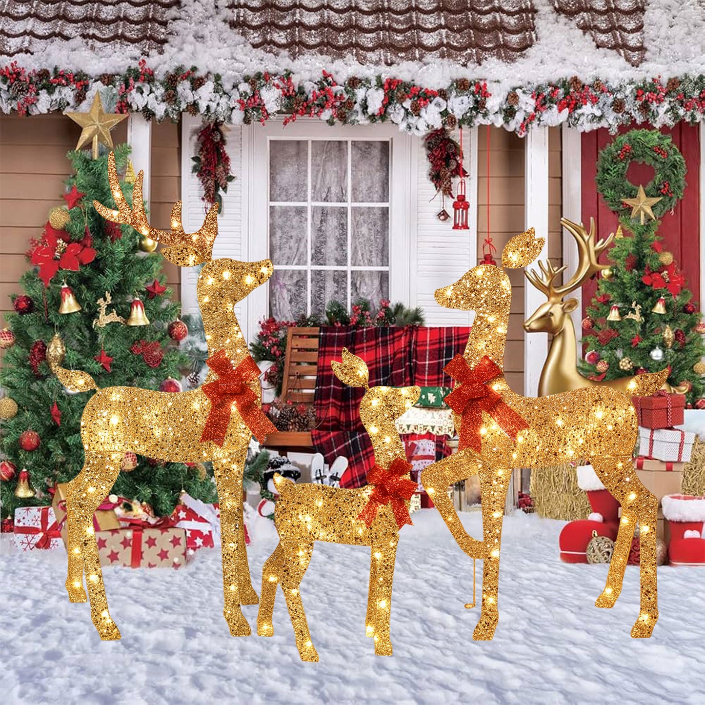 3-Piece 2D Lighted Christmas Deer Family Set - HOYECHI Large Outdoor Yard Reindeer Holiday Decoration with 145 LED Lights, Stakes, Zip Ties - Gold