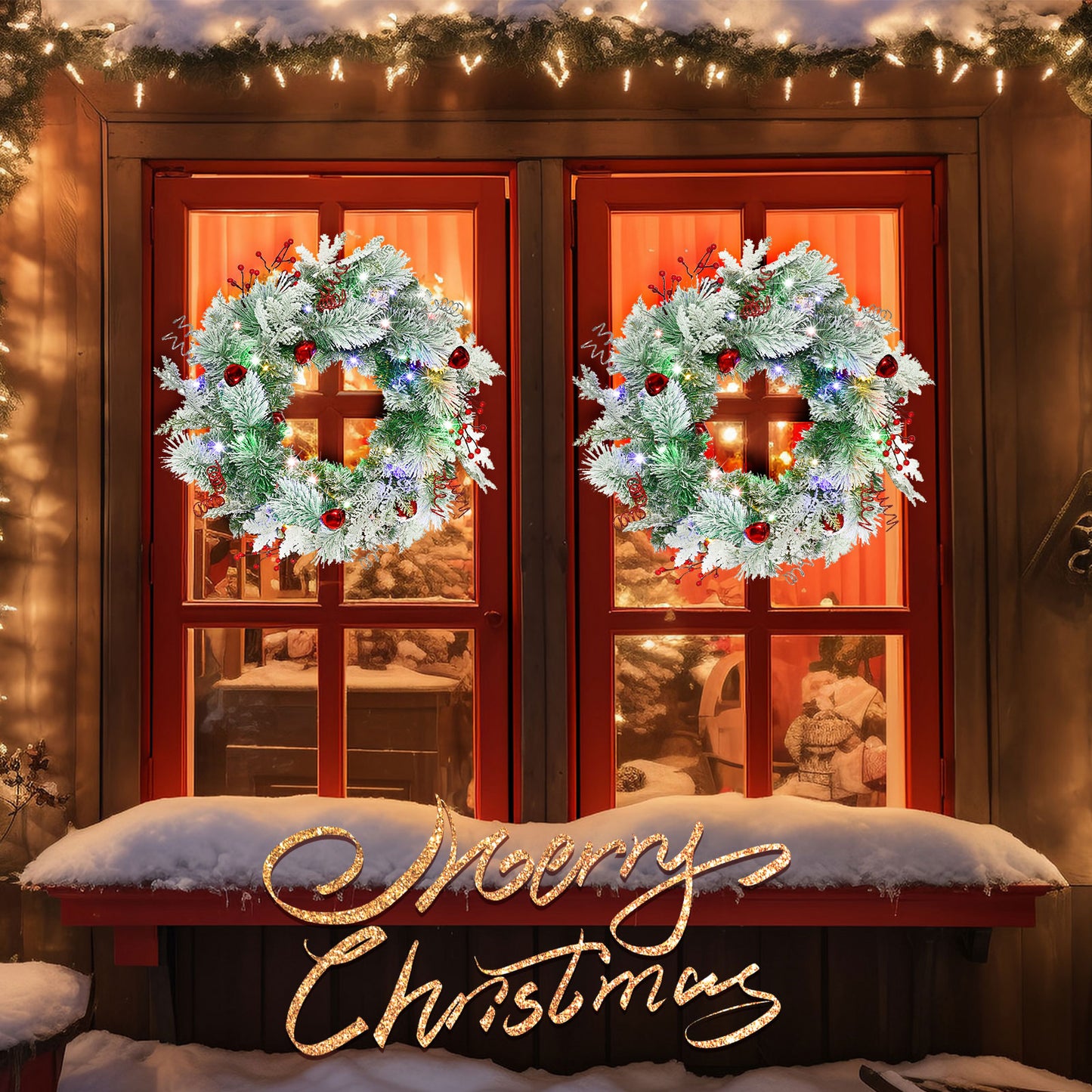 Christmas Wreath for Front Door 24inch - Light Up Artificial Christmas Wreath, Lighted Christmas Wreaths Battery Operated, with Bells and Wreath Hanger, for Front Door Wall Windows Xmas Decoration