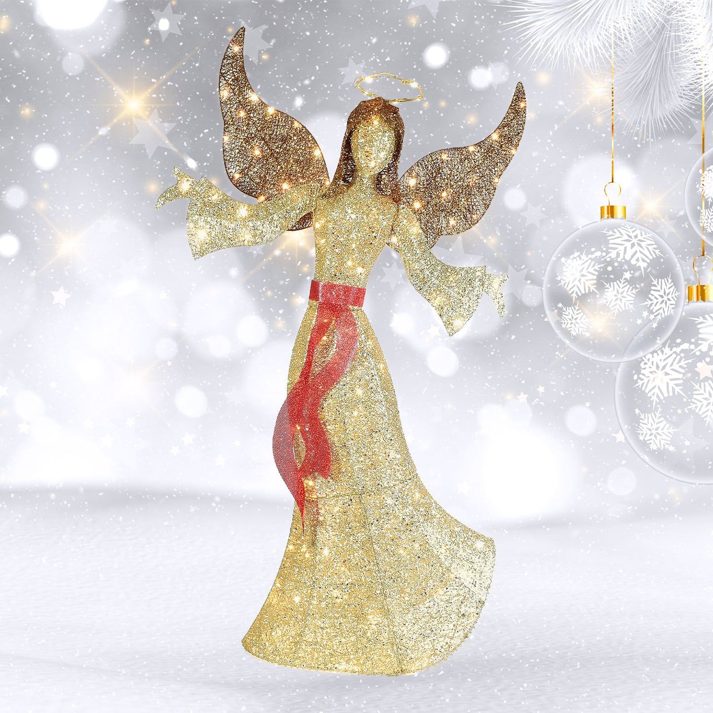 5FT Outdoor Angel Christmas Decoration - Light Up Outdoor Christmas Decorations Angels with 120 LED Lights - Elegant Winged Holiday Figure for Lawn with Bow, Halo, Extension Cord and Ground Stakes