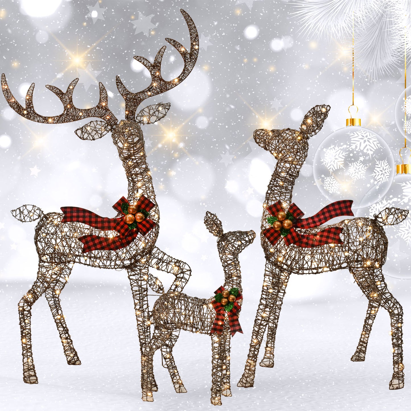 Outdoor Christmas Decorations Rattan Reindeer Family - Light Up Rattan Deer 3 Set with 210 LED Lights - Outside Yard Decor Kit Including Lighted 3-Piece Deer, Stakes - Brown